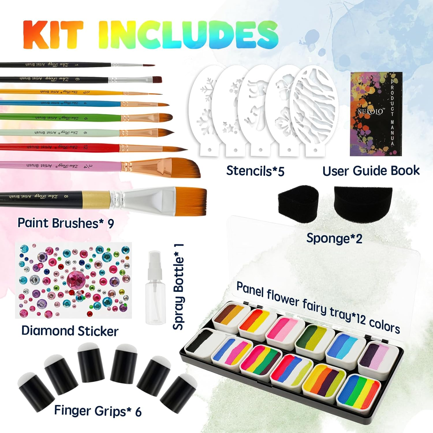 Face Painting Kit for Kids, Multi-Colour Washable Non-Toxic Face Body Paint Set with 7 Brushes,Stencils,Finger Cap,Sponge, Water Based Professional Body Art Face Makeup Palette for Party Cosplay image number 4