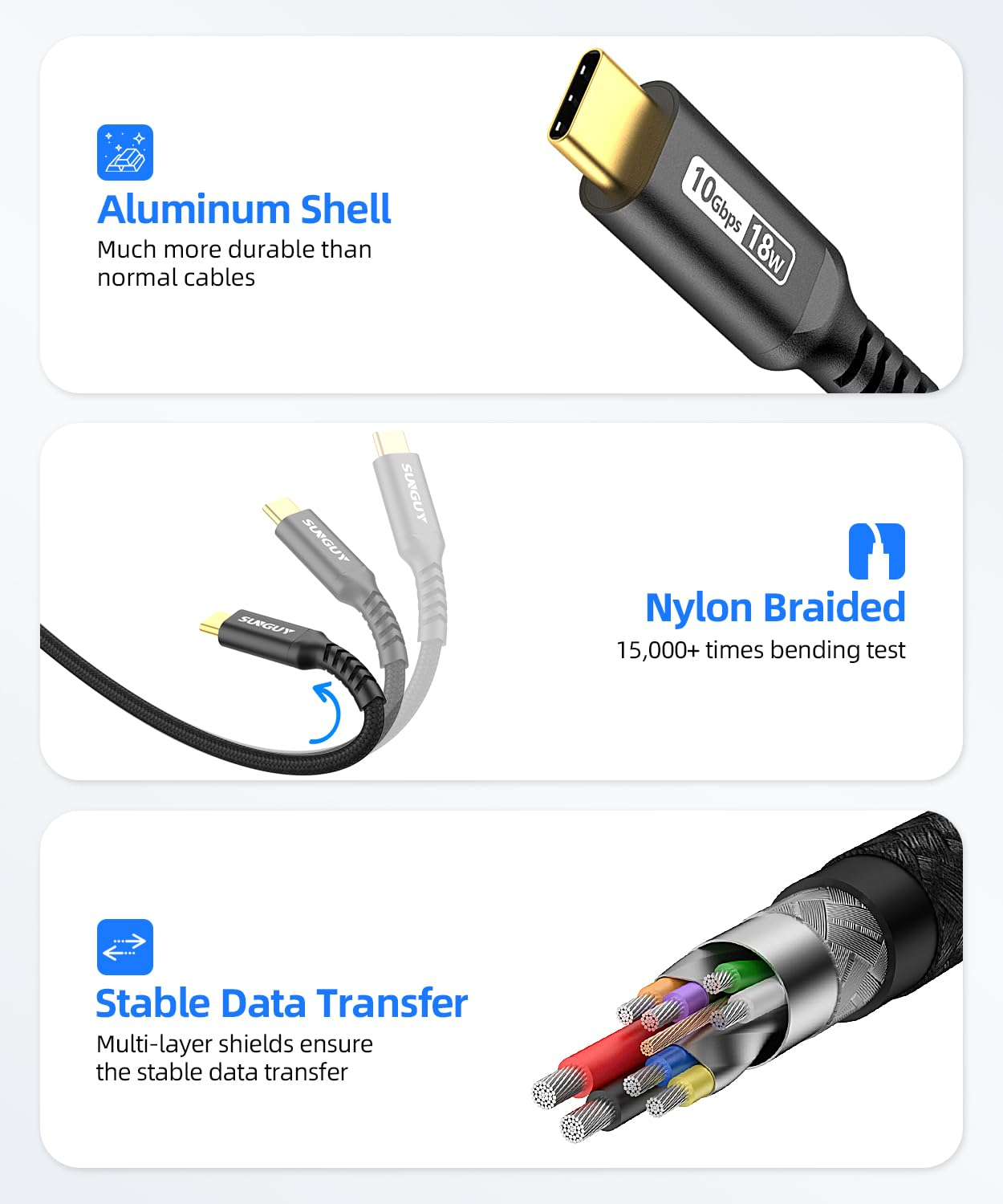 SUNGUY Android Auto USB C Cable, 1.5FT/0.5M USB C 3.1 Gen 2 Braided 3A Fast Charging & 10Gbps Data Transfer USB a to C Cable Compatible with Macbook, Pixel, Switch, Ssd,Black image number 7