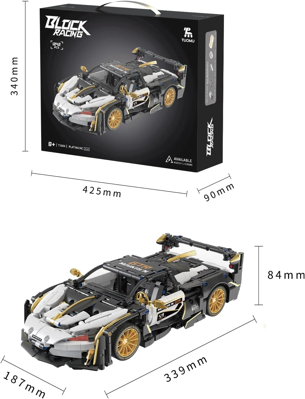 TUOMU GTR Remote Control Car Building Blocks Set, T1004 1:14 Scale Model Car Building Kit for Display and Collectible, RC Race Car Building Toy for Kids 8+ and Adults, 1242 PCS image number 5