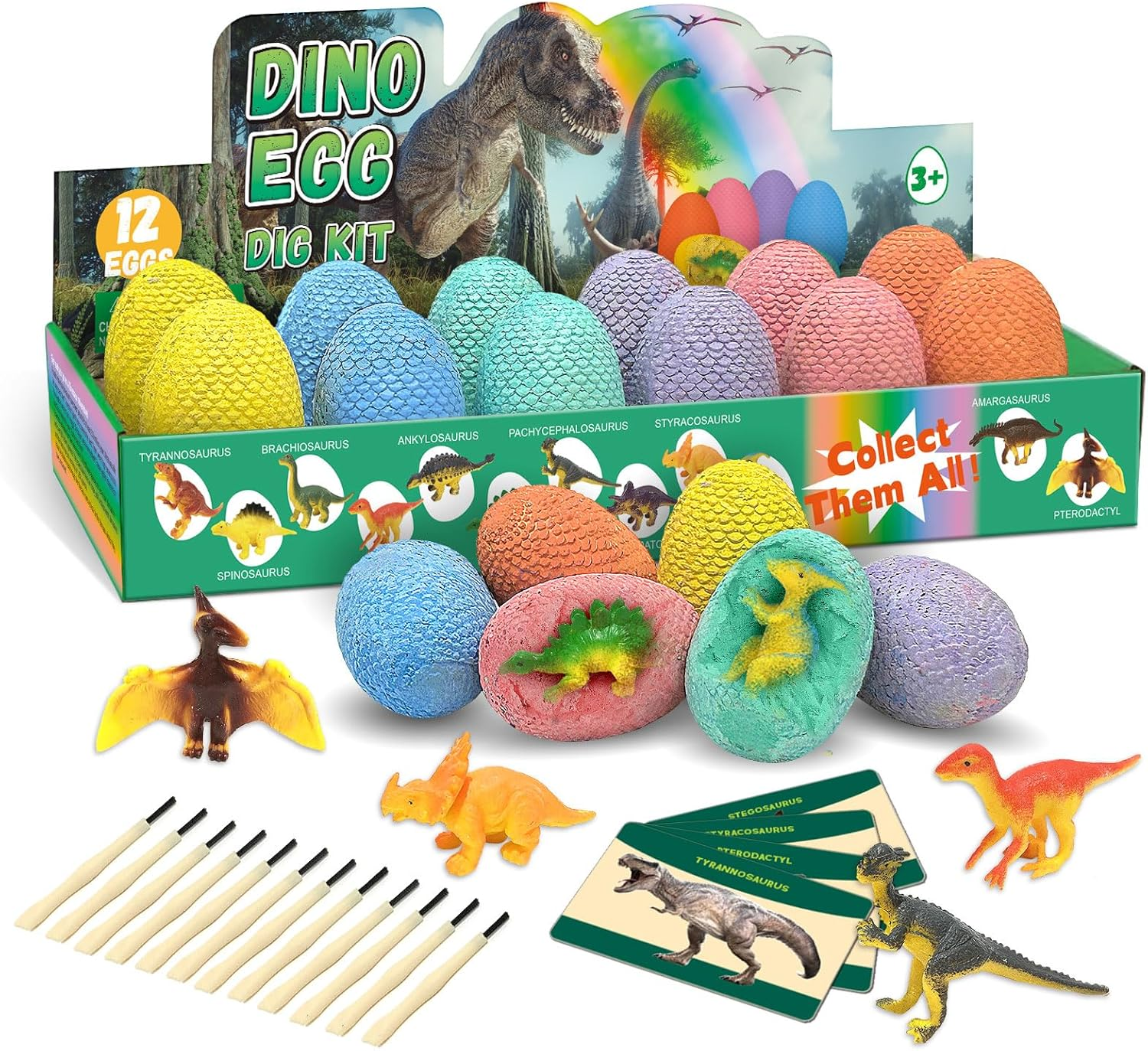 Dinosaur Egg Dig Kit &ndash; 12 Colourful Dino Eggs with Digging Tools & Learning Cards, STEM Science Toy for Kids, Fun Excavation & Fossil Discovery Set image number 4
