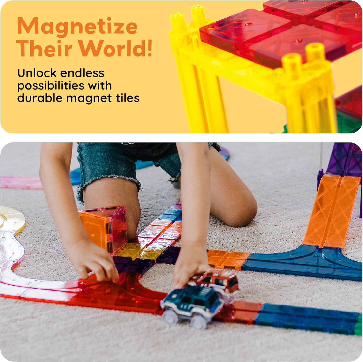 Picassotiles 50 Piece Race Car Track Building Block Educational Toy Set Magnetic Tiles Magnet DIY Playset 2 Light up Car STEM Learning Construction Kit Hand-Eye Coordination Fine Motor Skill Training image number 1