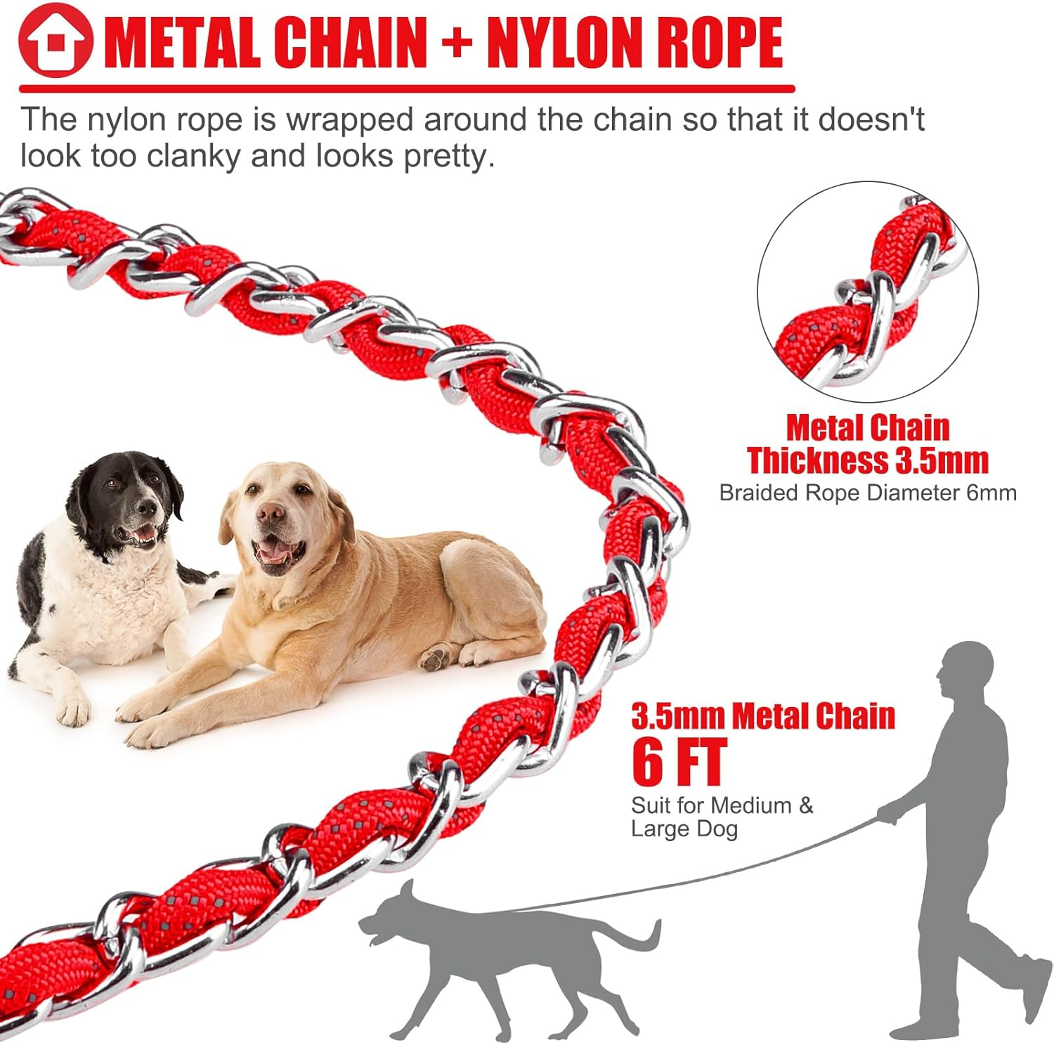 Homimp Chain Dog Leash - Reflective, Chew Proof Metal Leash for Large Dogs, 6 FT with Comfortable Soft Padded Handle, anti Bite Durable, Non Chewable (Red) image number 2