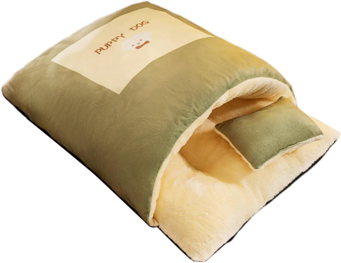 Fewnvwa Pet Bed Cat Sleeping Bag with Warm Pillow Semi-Enclosed Washable Puppy Small Dogs Bag Cave Cute Thermal Cushion For, L Green