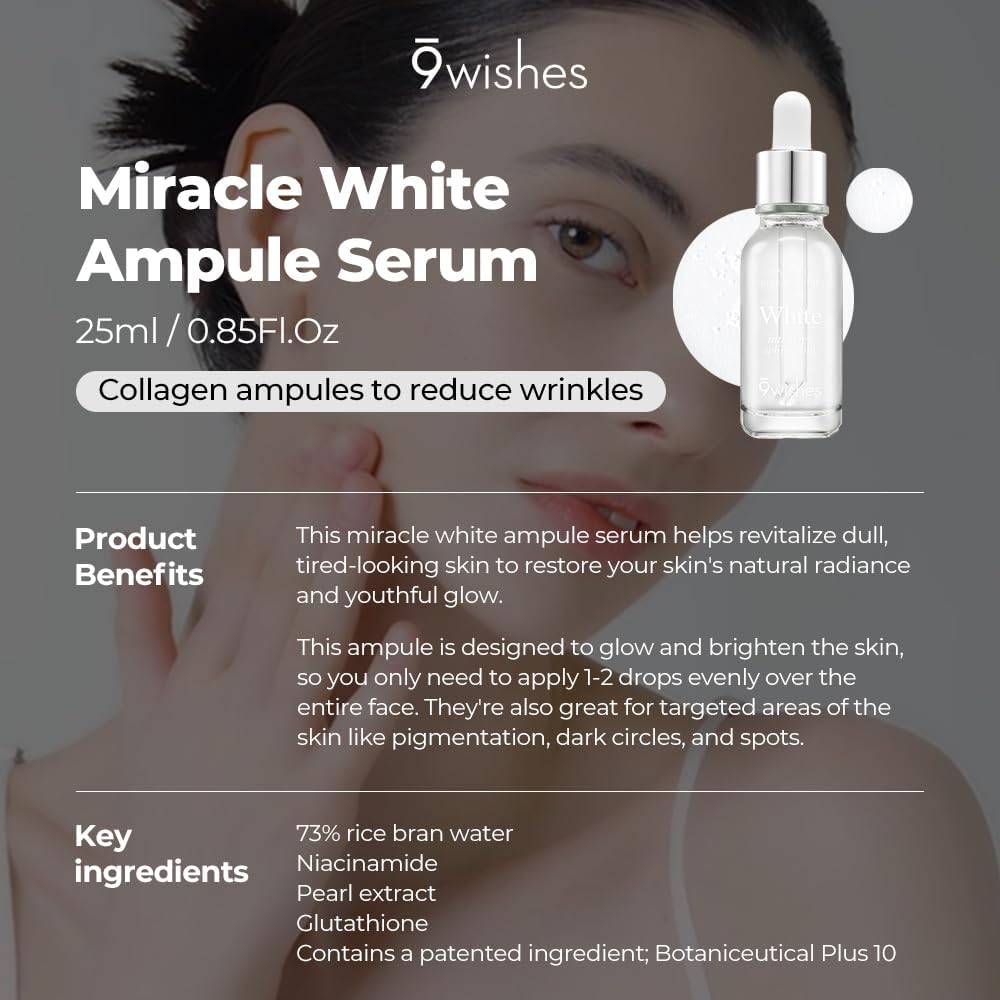 [9Wishes] Miracle White Ampule Serum 0.85Fl. Oz Whitening Serum - Bring Dull Skin Back to the Bright Side with 73% Rice Bran Water, Chemical Free, Natural Ingredients image number 2
