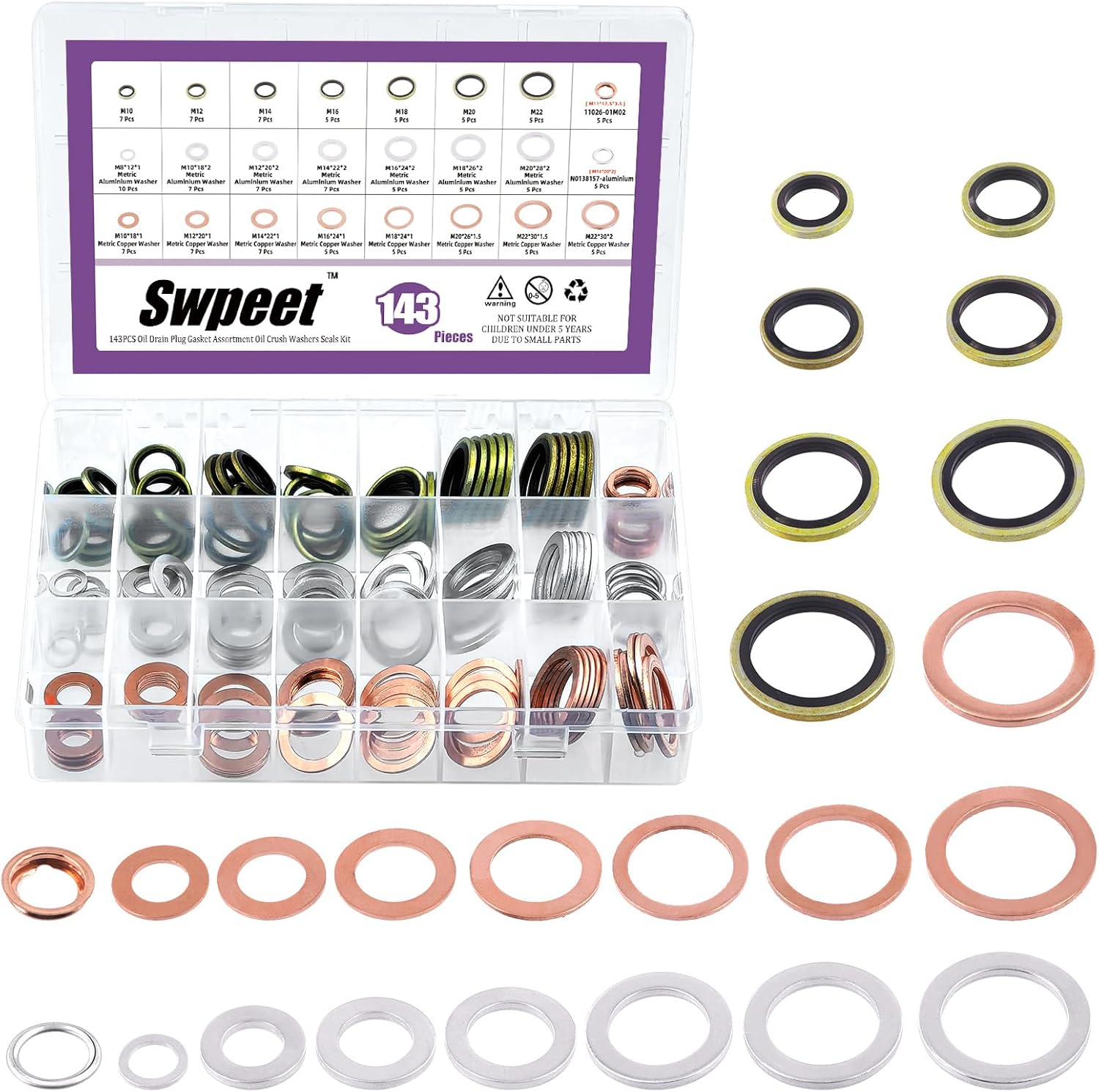 Swpeet 143Pcs M8 M10 M12 M14 M16 M18 M20 Aluminium & Cooper Washer Gasket and 2 Styles Oil Drain Plug with Yellow Zinc Plated Sealing O Rings Assortment Kit, Oil Crush Washers Seals for Most Cars image number 4
