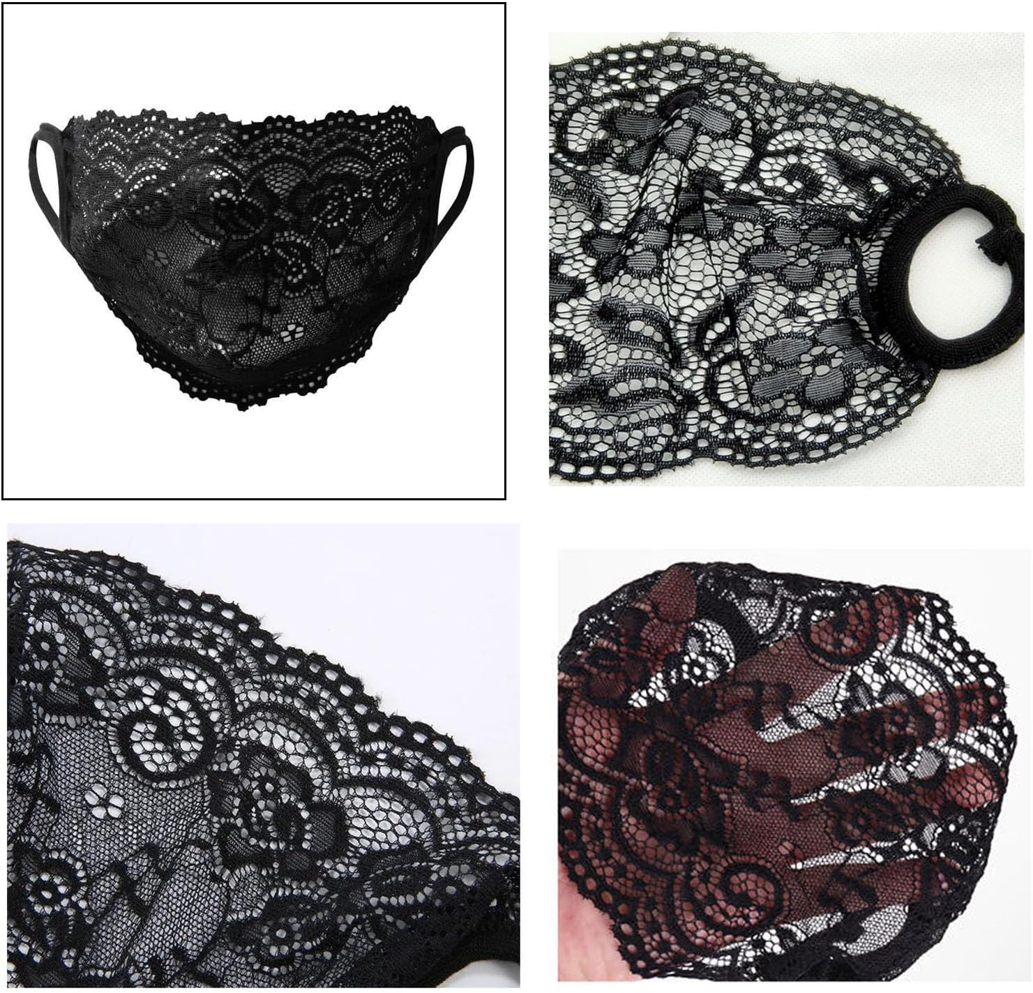 Deahea 2 Pack Single Layer Lace Mask Sunscreen Masks Mesh Hollow Face Shield Mask Half Face Cover Travel Mask for Women and Girls(Black+White)