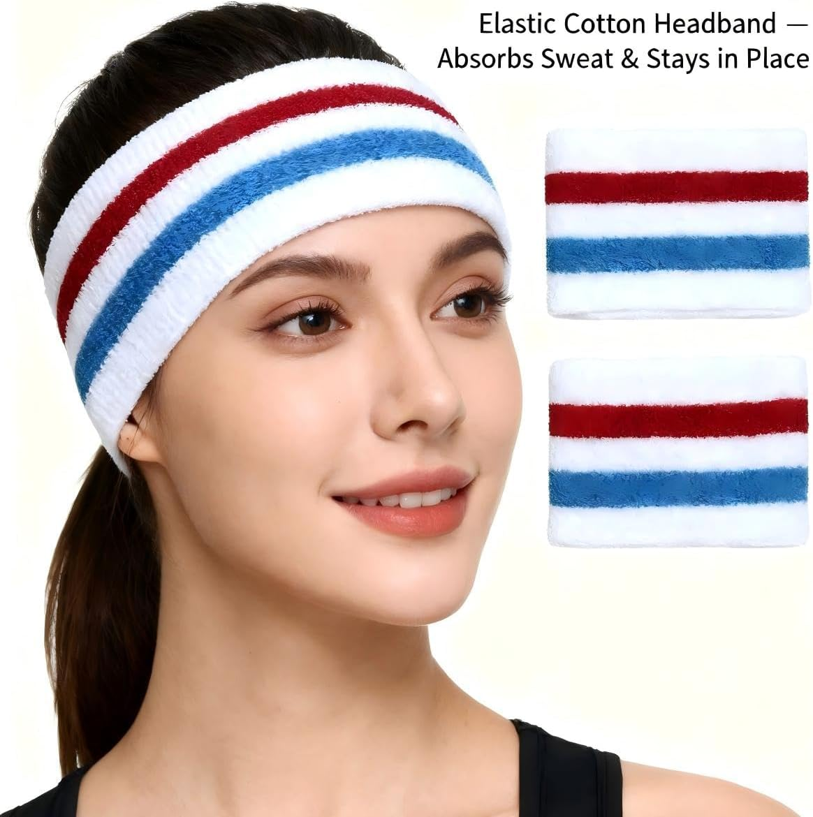 Pack of 3 Pieces(1 Headband + 2 Wristbands) Striped Sweatband Set | Sports Sweat Bands for Men, Women & Kids | Moisture-Wicking for Basketball, Tennis, Gym, Running Fitness Accessories image number 2