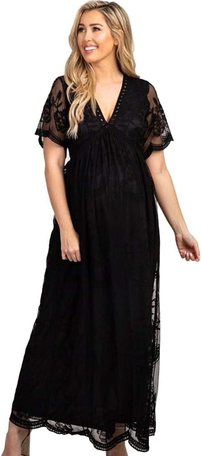 Women Maternity Dress for Photoshoot Lace Ruffle Short Sleeve Gown Maxi Wedding Pregnancy Photography Dress image number 1