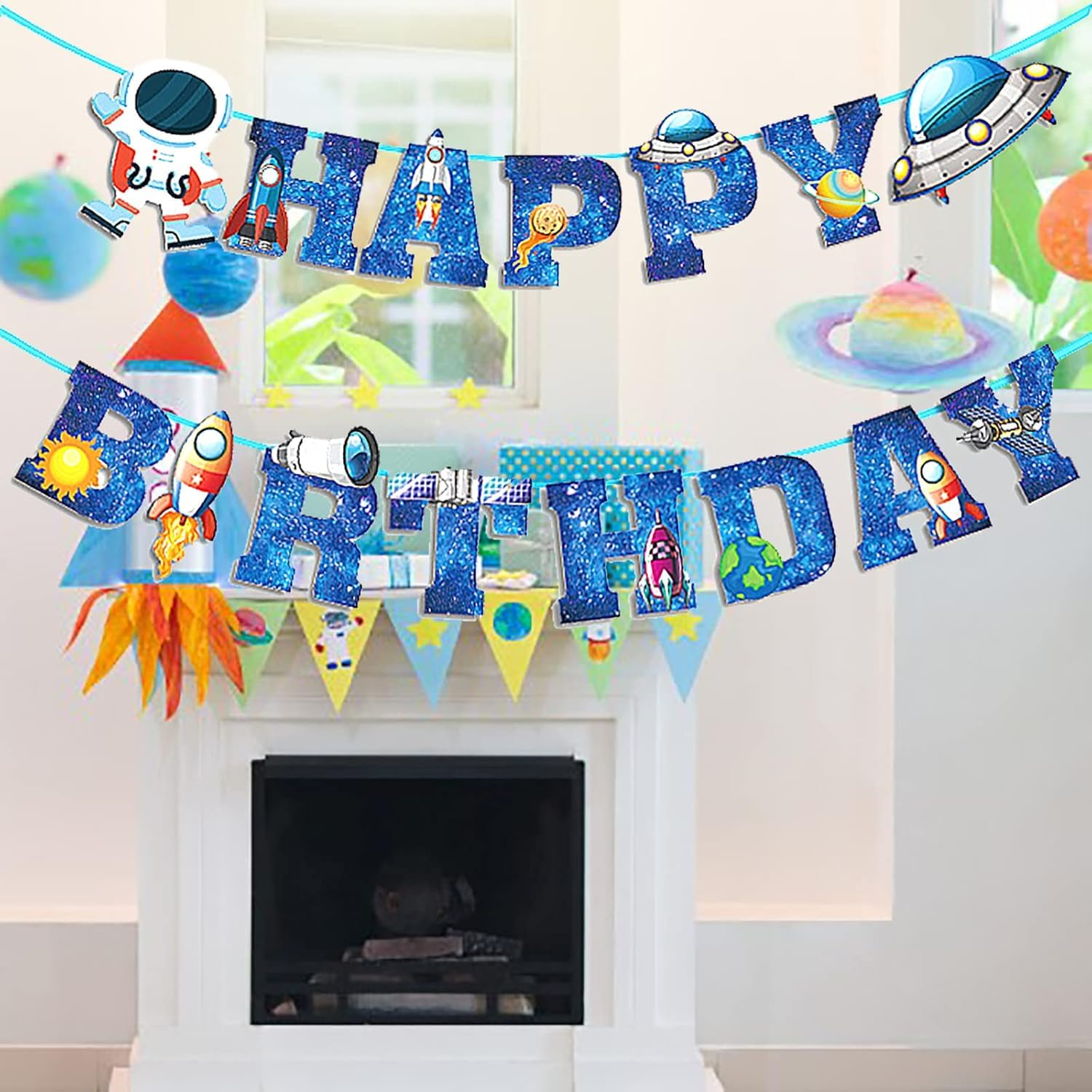 Happy Birthday Banner Outer Space Theme for Galaxy Party, 15 PCS Astronaut Themed Party Decor for Boy or Girl Baby Shower image number 6