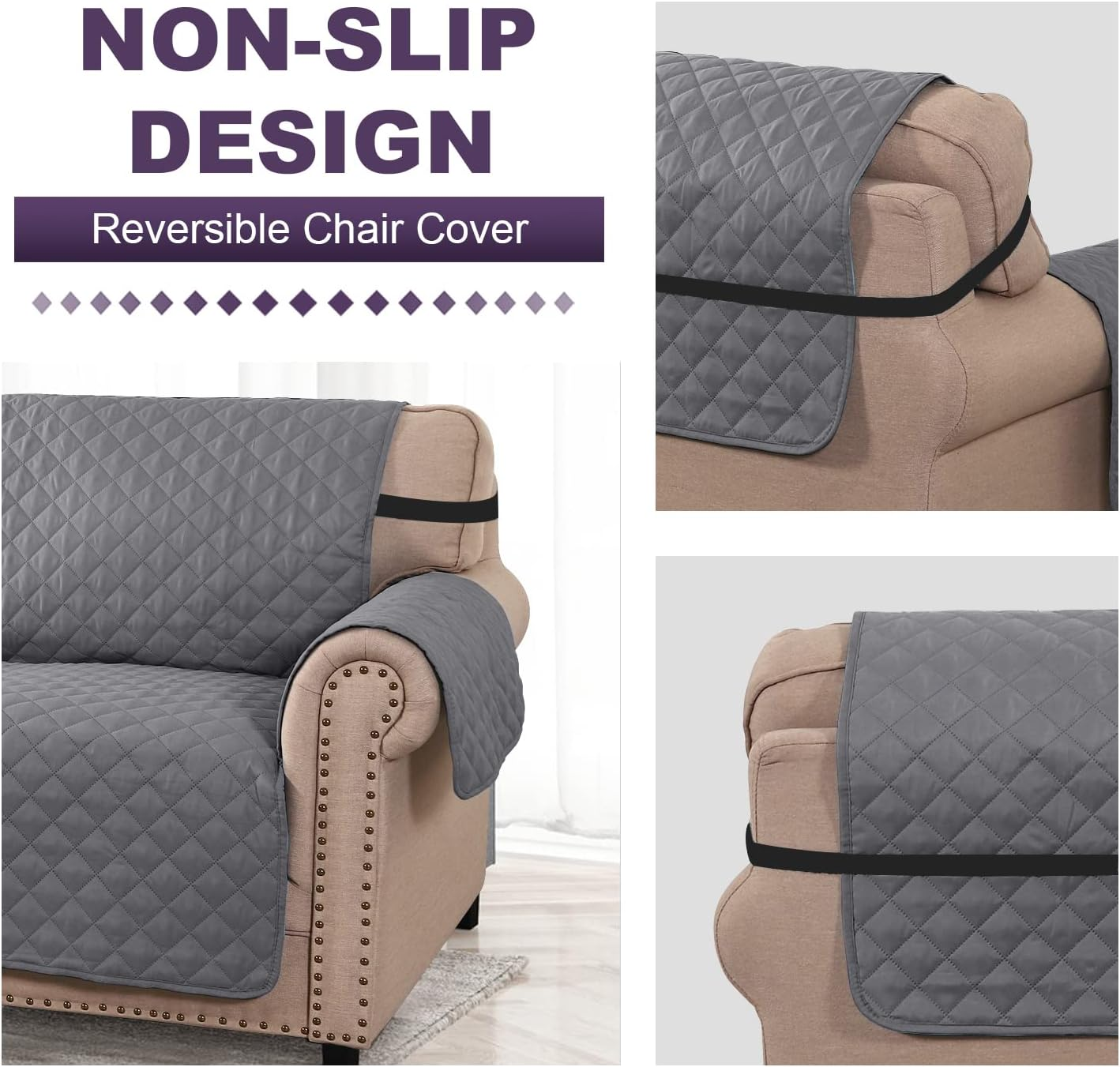 H.VERSAILTEX Sofa Slipcover Reversible Sofa Cover Water Resistant Couch Cover with Adjustable Straps, Washable Couch Cover for Kids, Dogs, Pets (3 Seater Sofa, Grey/Beige) image number 4