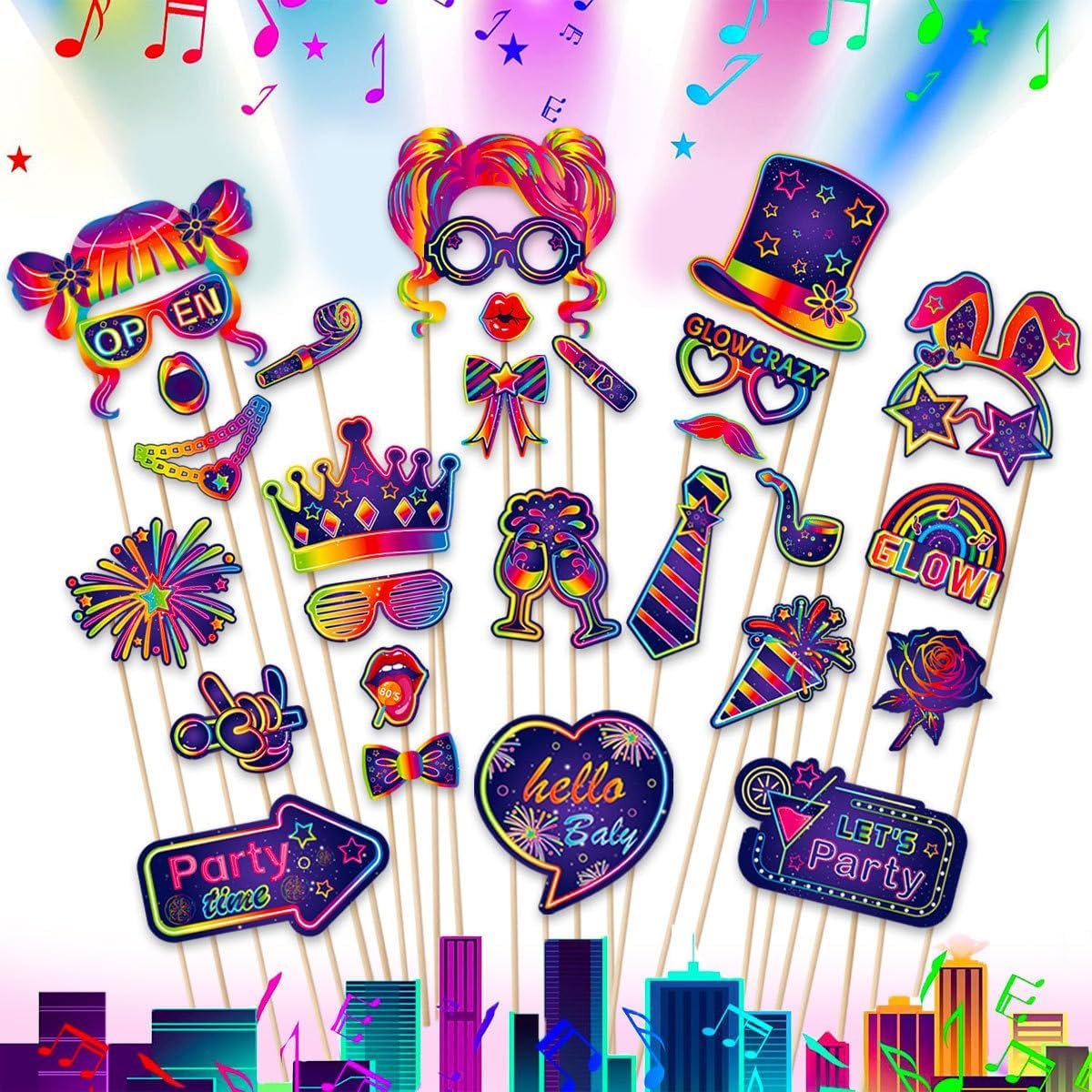 Buziba 30Pcs Glow Neon Photo Booth Props with Stick Neon Theme Selfie Props Party Decoration for Birthday Glow in the Dark Disco Black Light Party Supplies image number 6