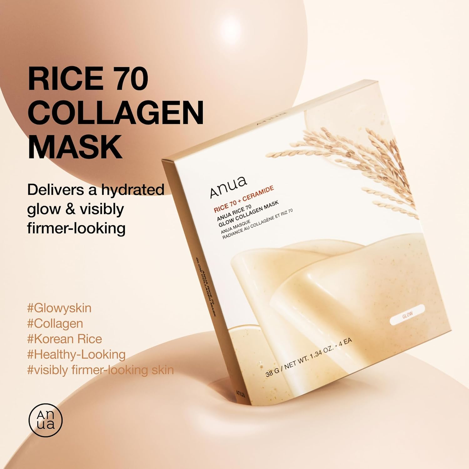 ANUA - Rice 70 Glow Collagen Mask 38G X 4 Masks