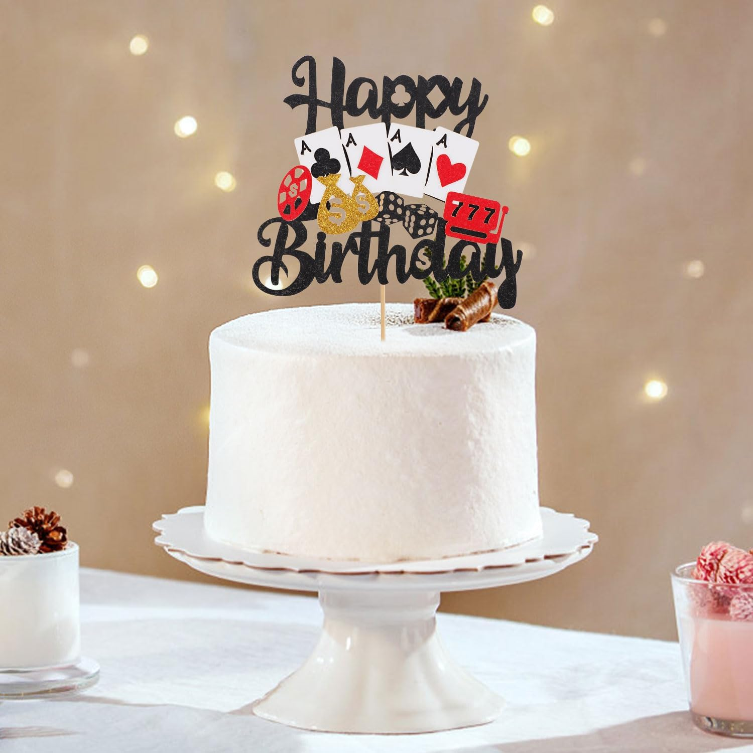 Casino Cake Topper, Happy Birthday Poker Game Cake Topper Casino Theme Cake Decoration for Las Vegas Casino Night Theme Birthday Party Supplies