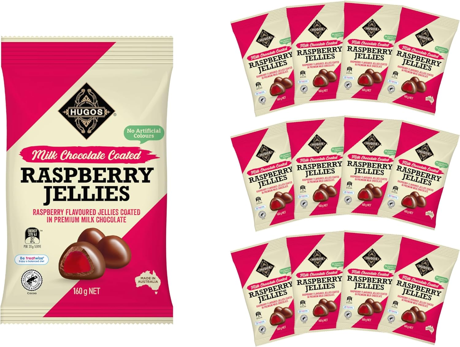 Hugos Milk Chocolate Coated Raspberry Jellies 12X 160G