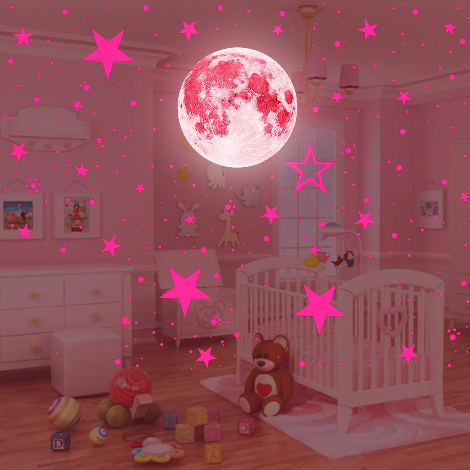 Glow in the Dark Stickers, 435Pcs Self Adhesive Luminous Moon Stars Wall Stickers, PVC Decorative Nursery Wall Stickers for Girls Boys Bedroom (Pink)