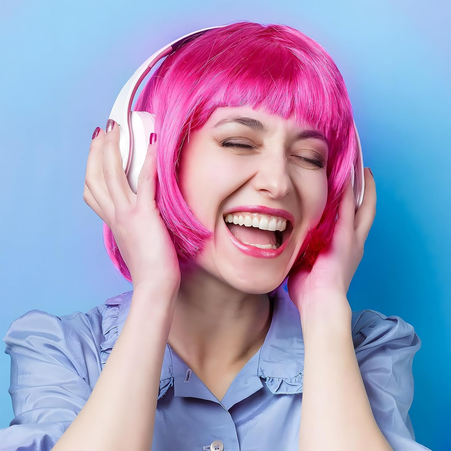 HENWUBEI Pink Bob Wig,Pink Wigs for Women with Double Heart Sunglasses and W-Ig Net Bag,Colourful Wig Perfect for Cosplay, Party, Hall-Oween,Fashionable and Comfortable