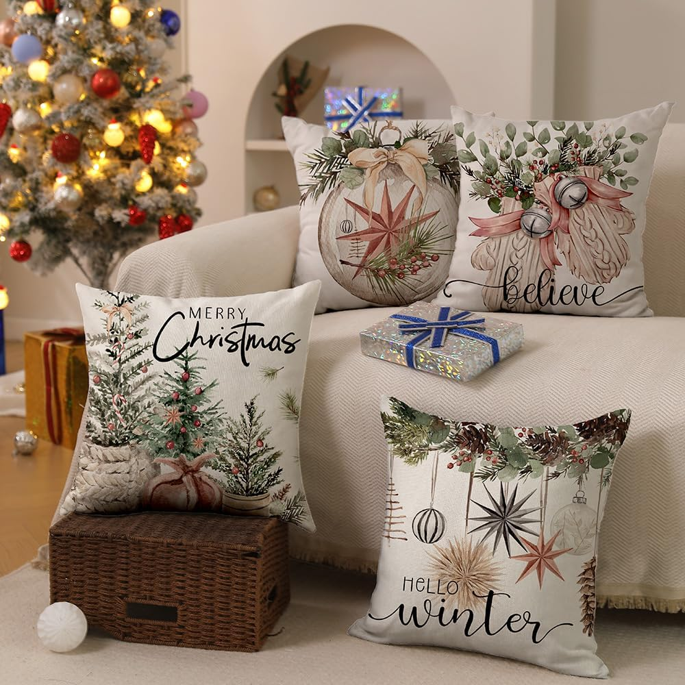 DFXSZ Christmas Pillow Covers 18X18 Inch Set of 4 Christmas Tree Gloves Hello Winter Decorative Throw Pillow Covers Winter Farmhouse Decoration for Home Couch 134 image number 5