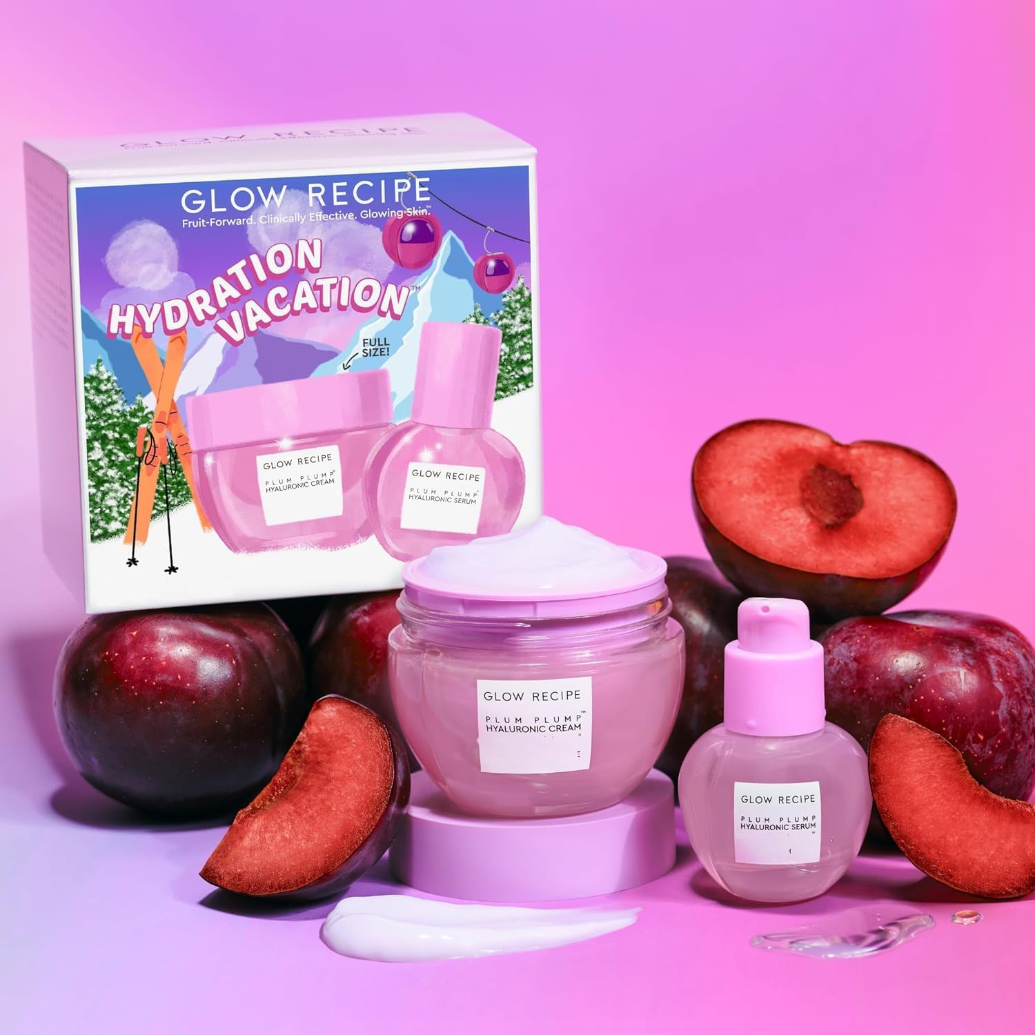 Glow Recipe Hydration Vacation Skincare Set - Plum Plump Hyaluronic Acid Moisturizer + Face Serum - Made with Antioxidant Plum & Vitamin B5 to Repair Skin Barrier and Improve Hydration (2 Count) image number 1