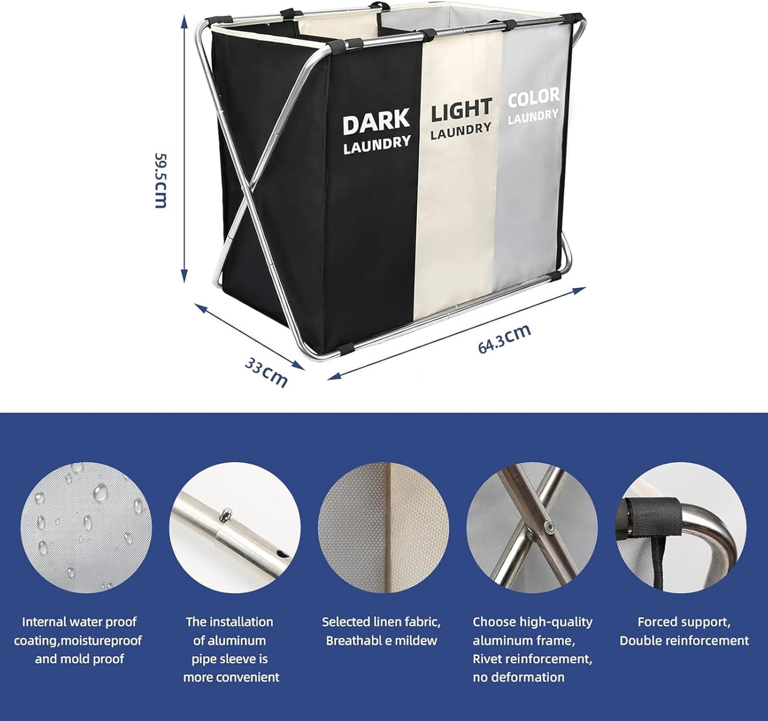 Hapurs Laundry Basket, 135L Laundry Hamper, Collapsible X-Frame, Clothes Organiser, Foldable and Washable Large Washing Basket with 3 Compartment for Bedroom, Bathroom or Utility Room Storage image number 2