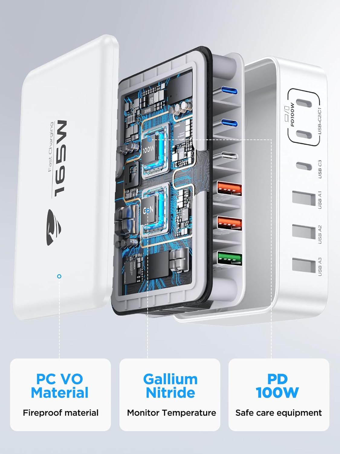 Aioneus USB C Fast Charger, 165W Portable Charging Station Hub Block, 6 Port Gan Multi Wall Charger Power Strip Adapter Plug for Iphone 16 15 14 13 12 Pro Max Samsung Galaxy, Google Pixel, Ipad