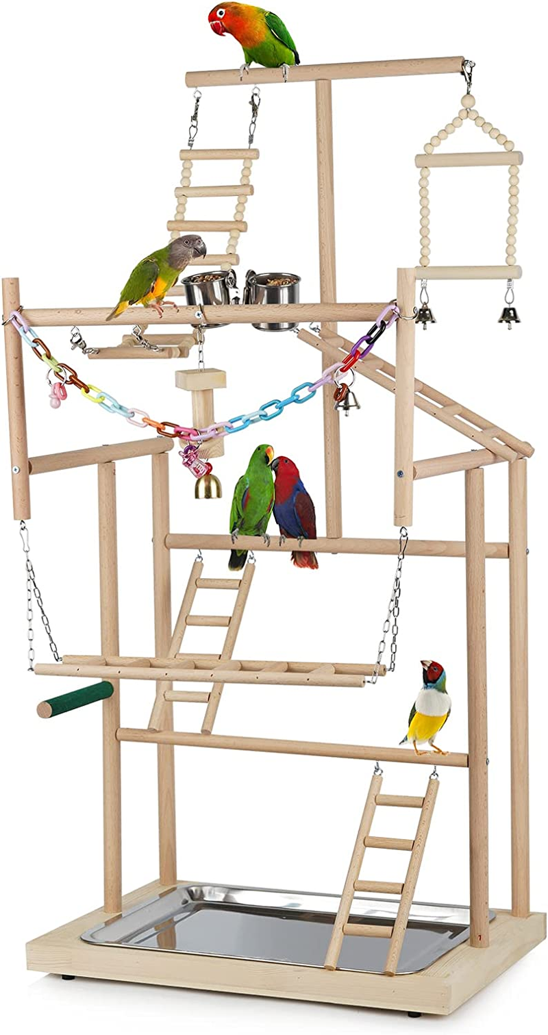 Ibnotuiy Pet Parrot Playstand Parrots Bird Playground Bird Play Stand Wood Perch Gym Playpen Ladder with Feeder Cups Bells for Cockatiel Parakeet (4 Layers) image number 2