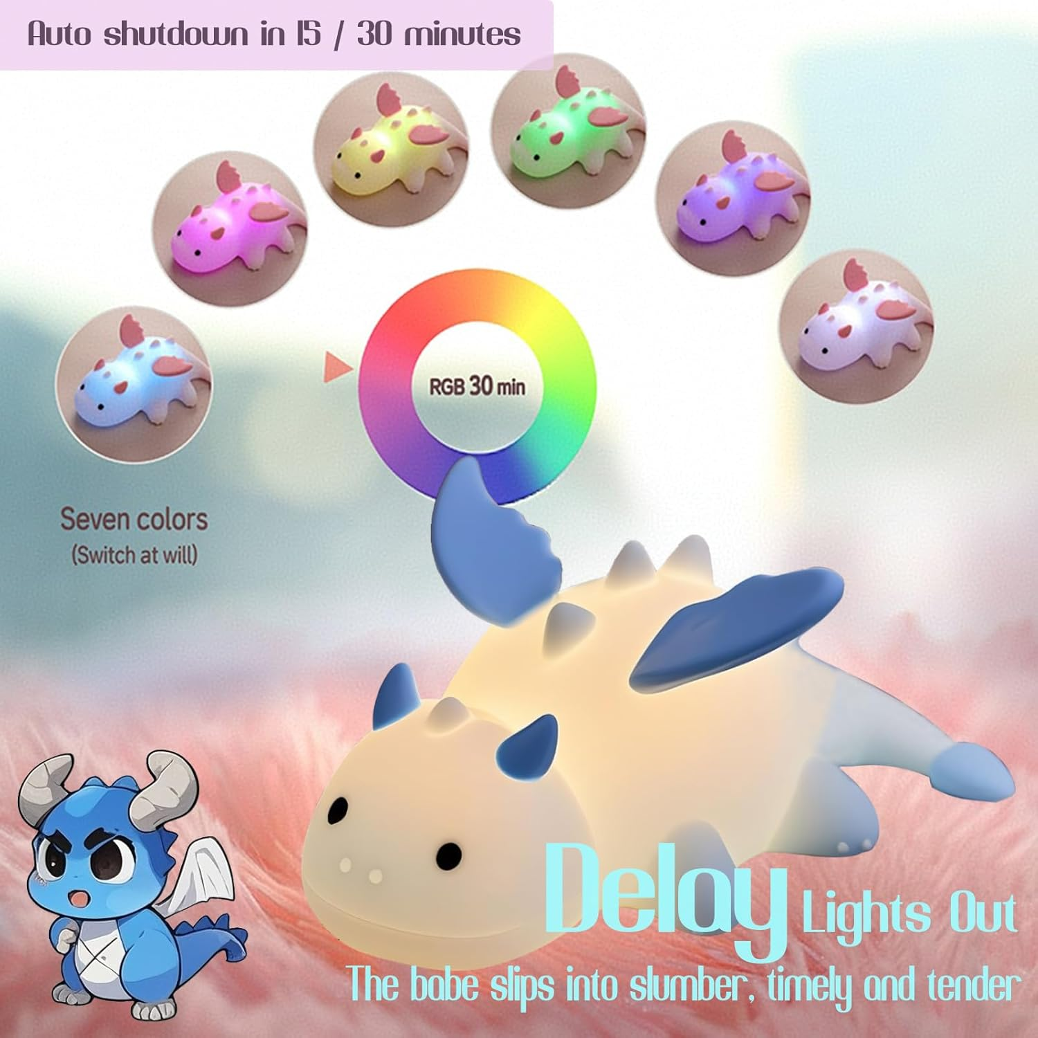 POSSHE Dragon Night Light, Cute Baby Dragon Gifts, Soft Silicone Lamp with 3 Level Warm Light and RGB Changing, Breastfeeding Nursery Portable Kawaii Bedside Lamp for Baby, Toddler, Boys and Girls - Color 1 image number 5