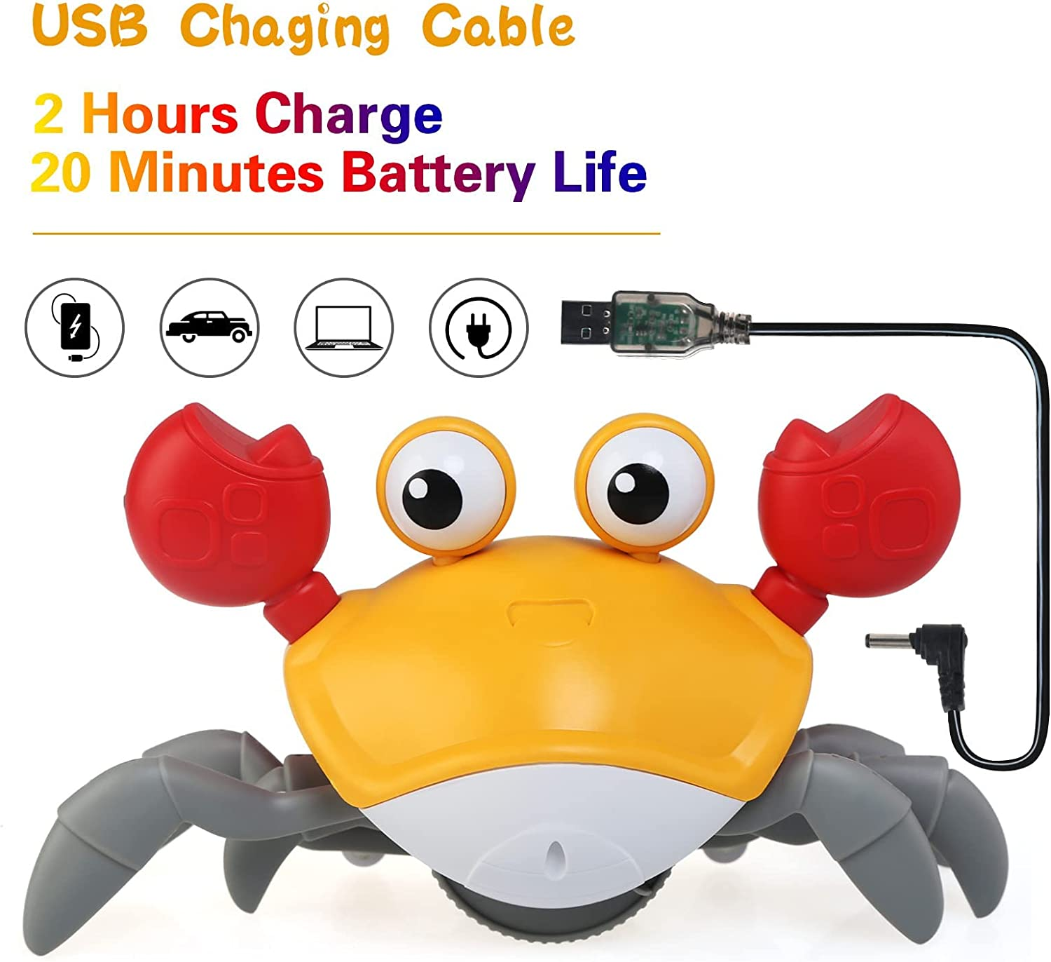 NEWSTYLE Crawling Crab Baby Toy,Walking Dancing Crab Interactive Toys with Automatically Avoid Obstacles,Electronic Light up Musical Toy for Toddlers and Kids,Usb Rechargeable (Orange) image number 1