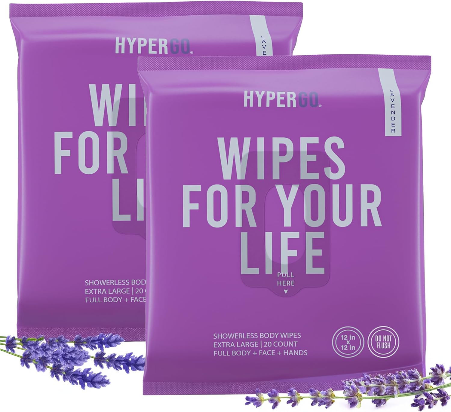 Hypergo Full-Body Rinse-Free Hypoallergenic Biodegradable Bathing Wipes| All Natural, Refreshing Anytime Anywhere, Post Workout, Camping, Travel, Daily Life, 12&rdquo;X12&rdquo; X-Large 20-Count, Lavender 2-Pack image number 4