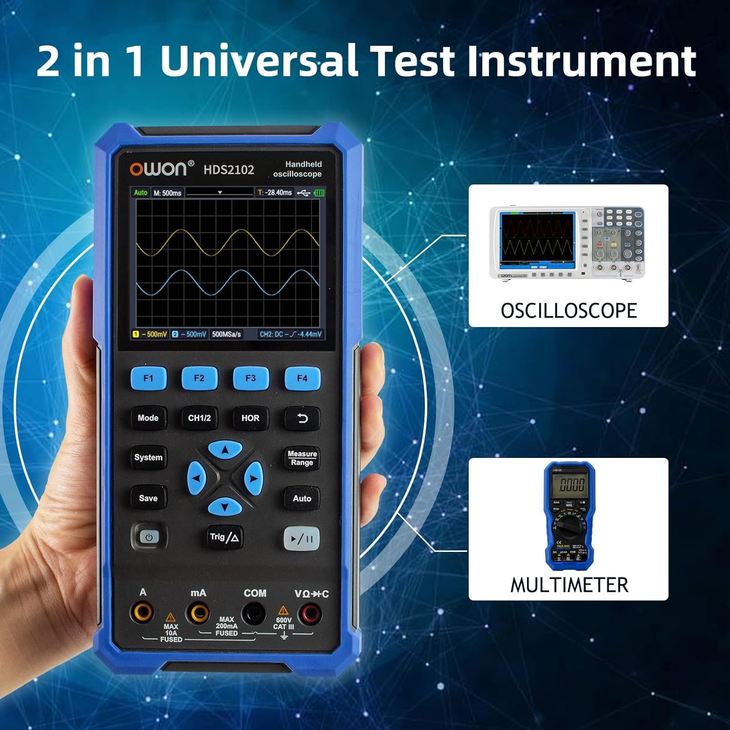 OWON Oscilloscope HDS2102 2 in 1 Digital Handheld Oscilloscope Multiumeter,20000 Counts Digital Multimeter with 3.5 Inch LCD Display,2-Ch 100 Mhz Bandwidth USB Type-C Interface image number 6