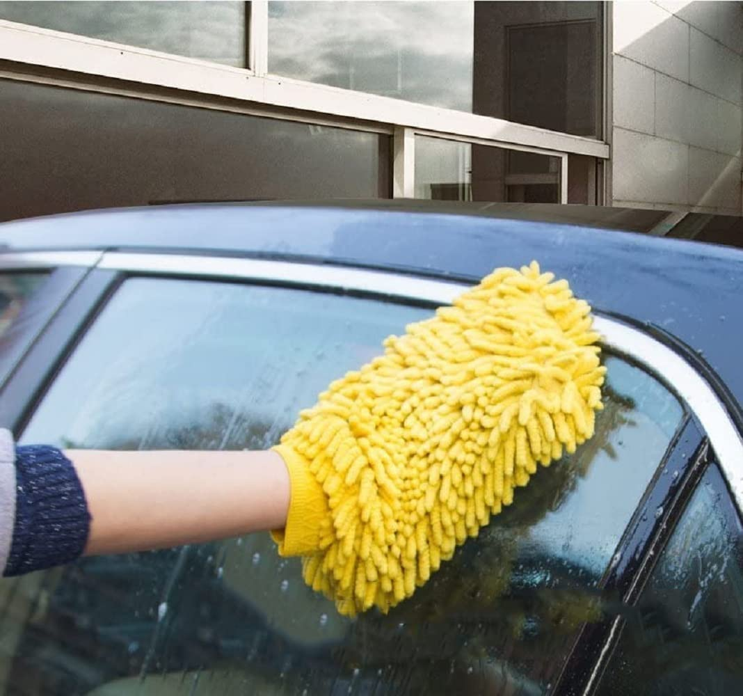 2 Pack Premium Car Wash Glove Microfibre | Scratch-Free Car Wash Mitt | Double Sided Glove for Car Cleaning Microfiber Car Wash Mitt, Blue & Yellow (Random Color)
