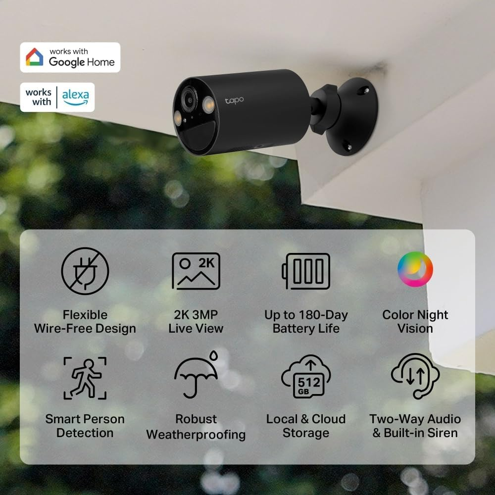 Tapo Tp-Link Battery-Powered Outdoor Security Camera, Wireless, 2K 3MP, IP65, Color Night Vision, Smart Person Detection & Notification, No Hub Required, SD Card Slot, App Control (Tapo C411) image number 4