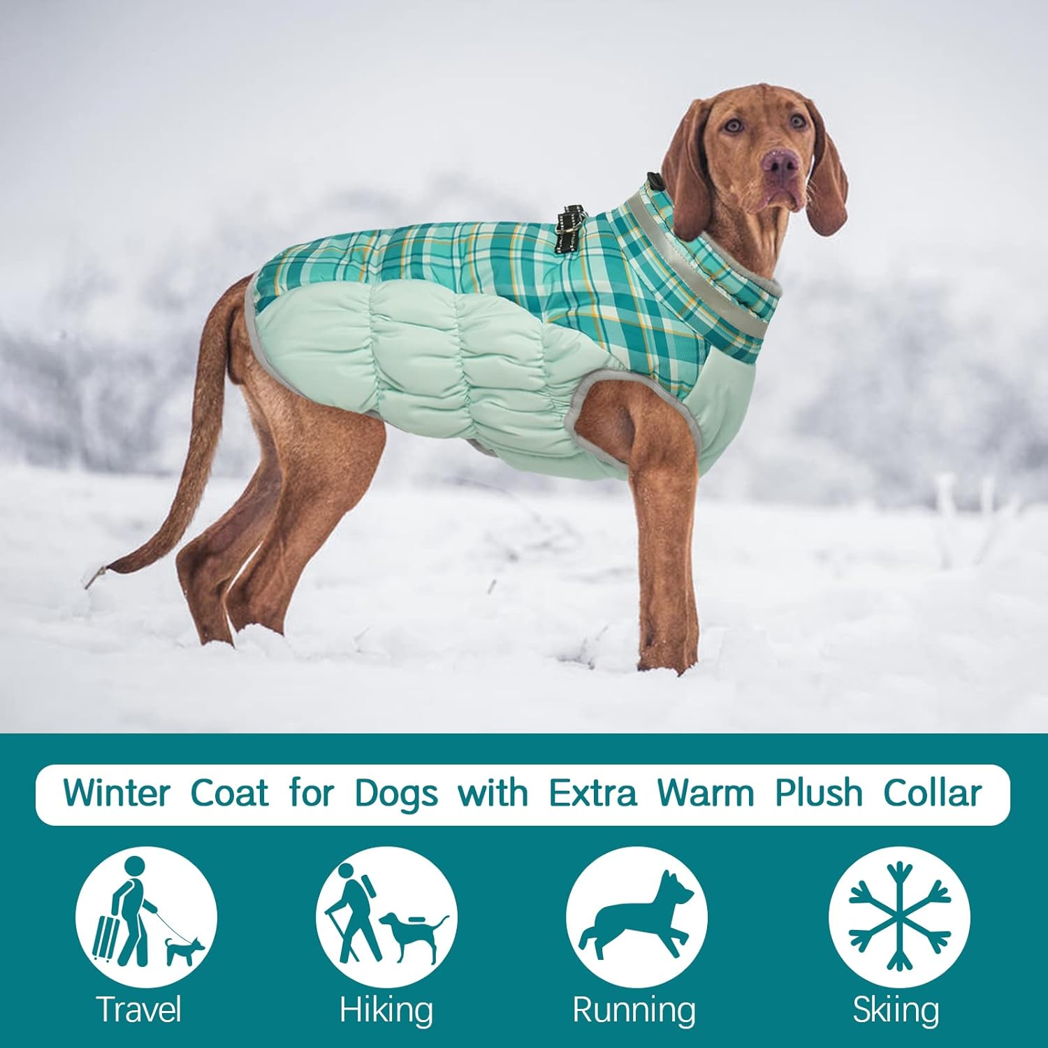Kuoser Waterproof Dog Coat - Winter Jacket with Fleece Lining, Fur Collar, Reflective Warm Vest for Cold Weather, Green Plaid, Size M image number 1