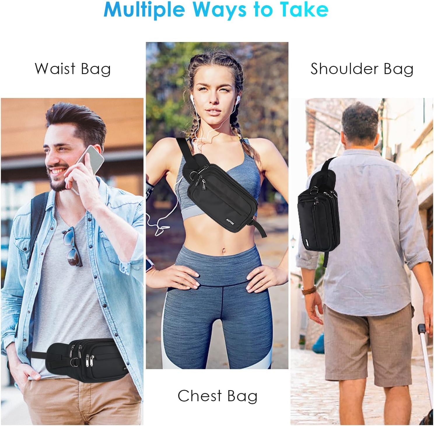 AGPTEK Fanny Pack for Women Men, RFID Large Capacity Waist Wallet Bag, Adjustable & Waterproof Bum Belt Pouch for Travel, Running, Shopping, Hiking, Dog Walking, Cycling, Climbing (Black) image number 3