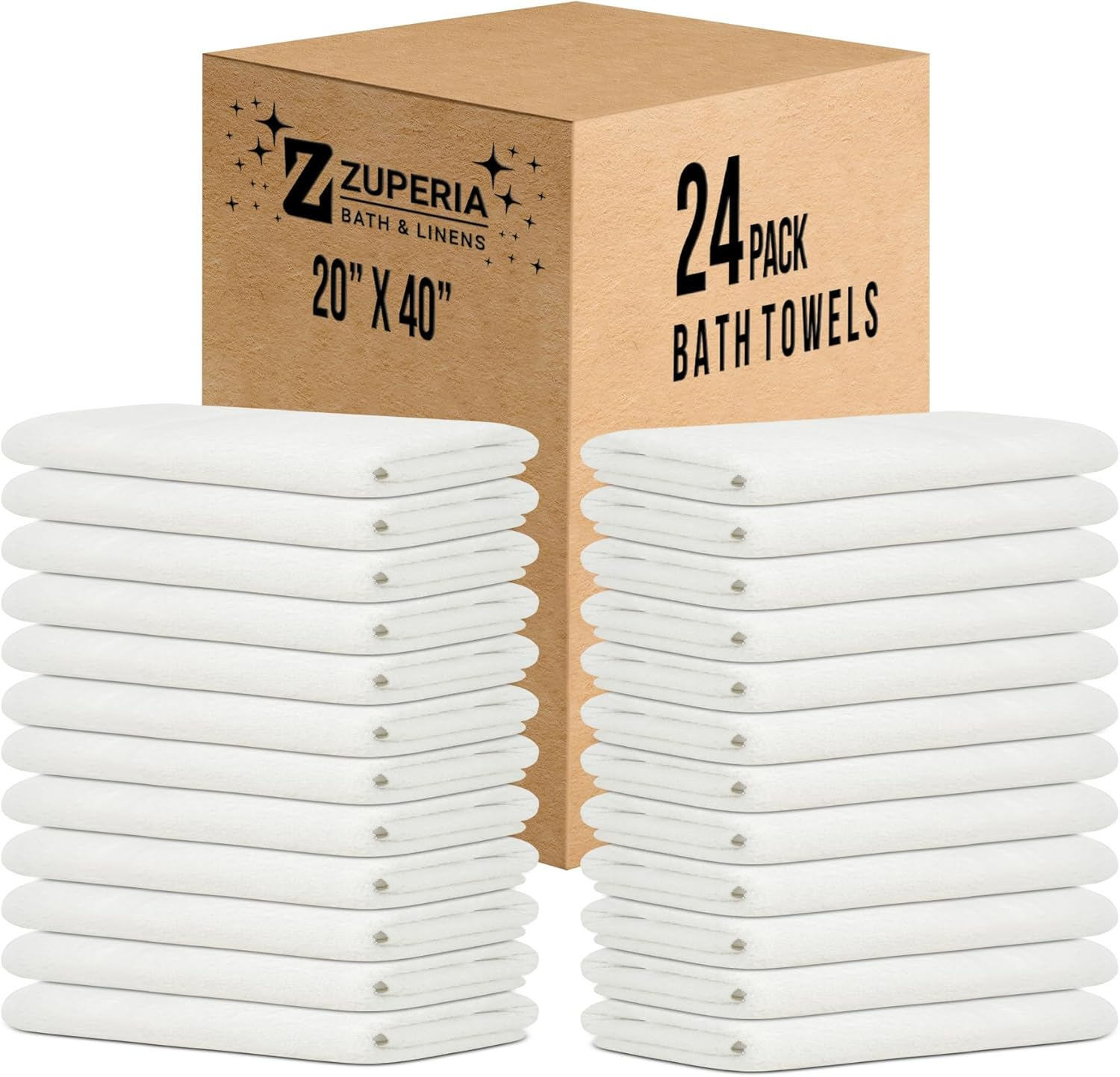 ZUPERIA White Bath Towels Bulk 24 Pack (20 X 40 Inches) - 100% Cotton Economy Light Weight Towels for Commercial Use - Quick Dry, Ultra-Soft, and Absorbent Bulk Towels image number 2