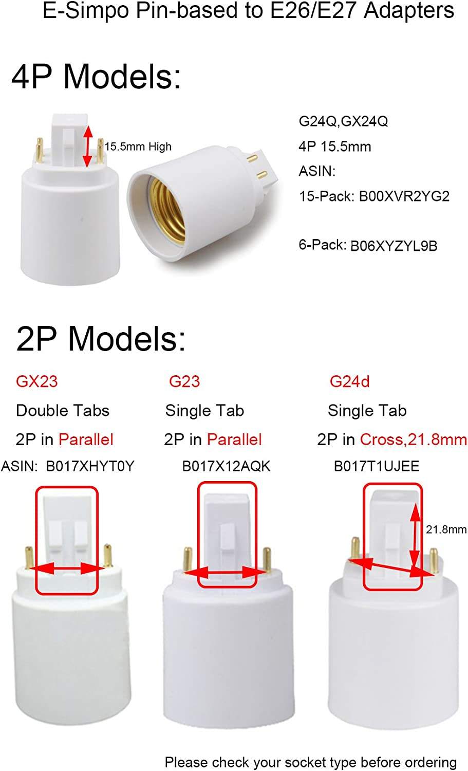 6Pcs E-Simpo&reg; 4P Gx24Q to E26/E27 Lamp Base Adapter,G24Q to Medium Edison Socket Converter,Need Bypass Ballast,Short Version 15.5Mm, 4P Conductive,Plug E26 Bulb into PL G24Q/GX24Q Socket. image number 2