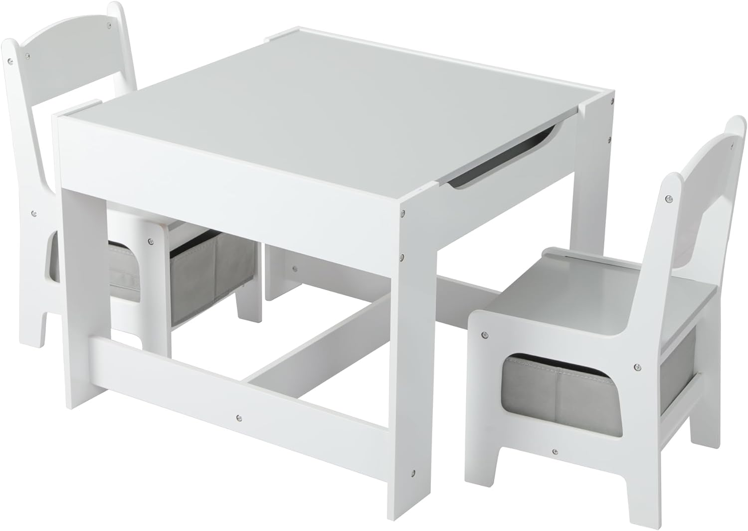 Bopeep Kids Table and Chair Set Storage Box Toys Play Activity Desk Wooden Study Toddler Double-Sided Chalkboard Detachable Tabletop 3 in 1 Wood Arts (1 Table+ 2 Chairs, Grey) image number 2