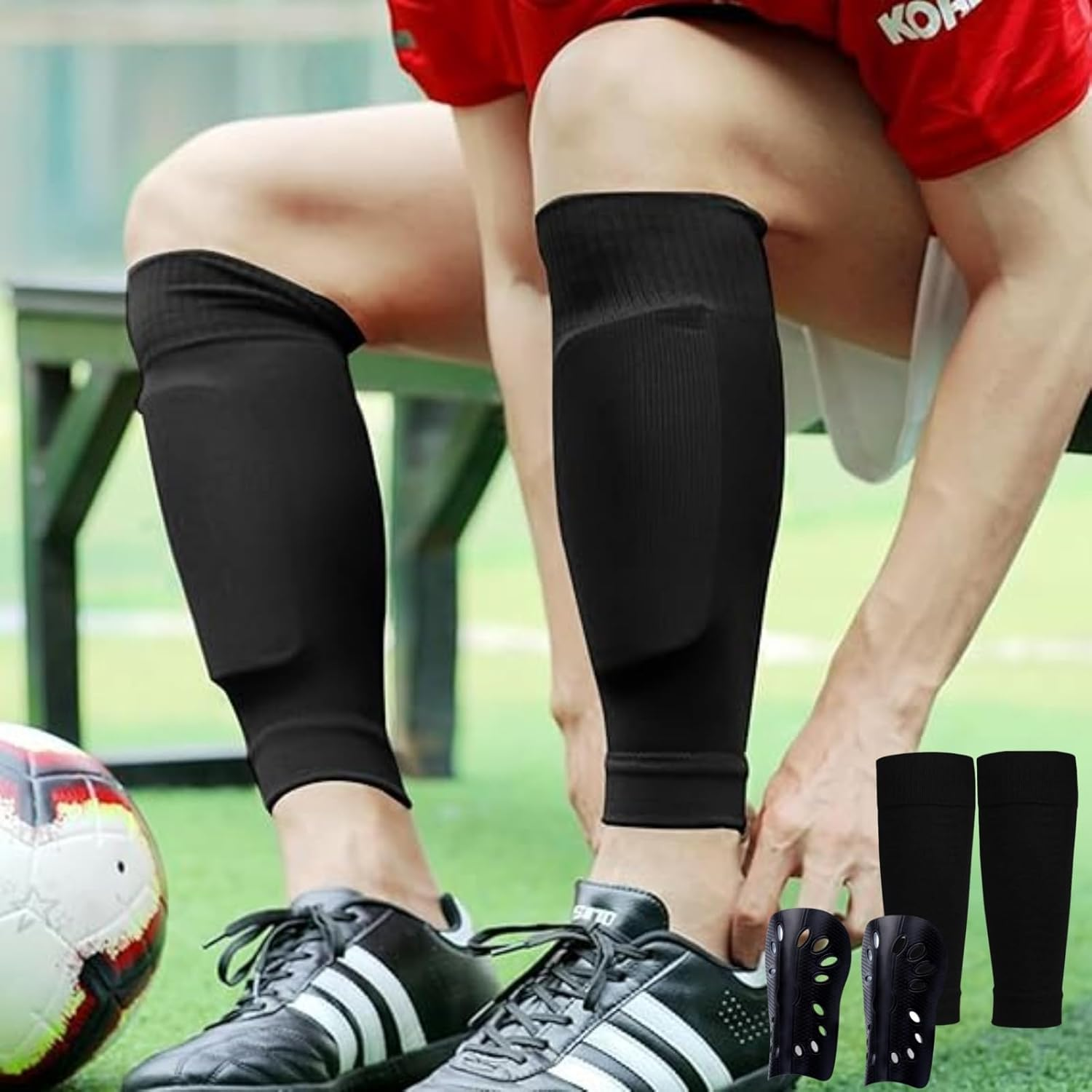 Luojinluoda Soccer Shin Set, 2 PCS Soccer Shin Pads and 2 PCS Shin Guard Sleeves Featuring Lightweight Football Gear with Cushion Impact Reduction for Both Adults and Kids image number 2