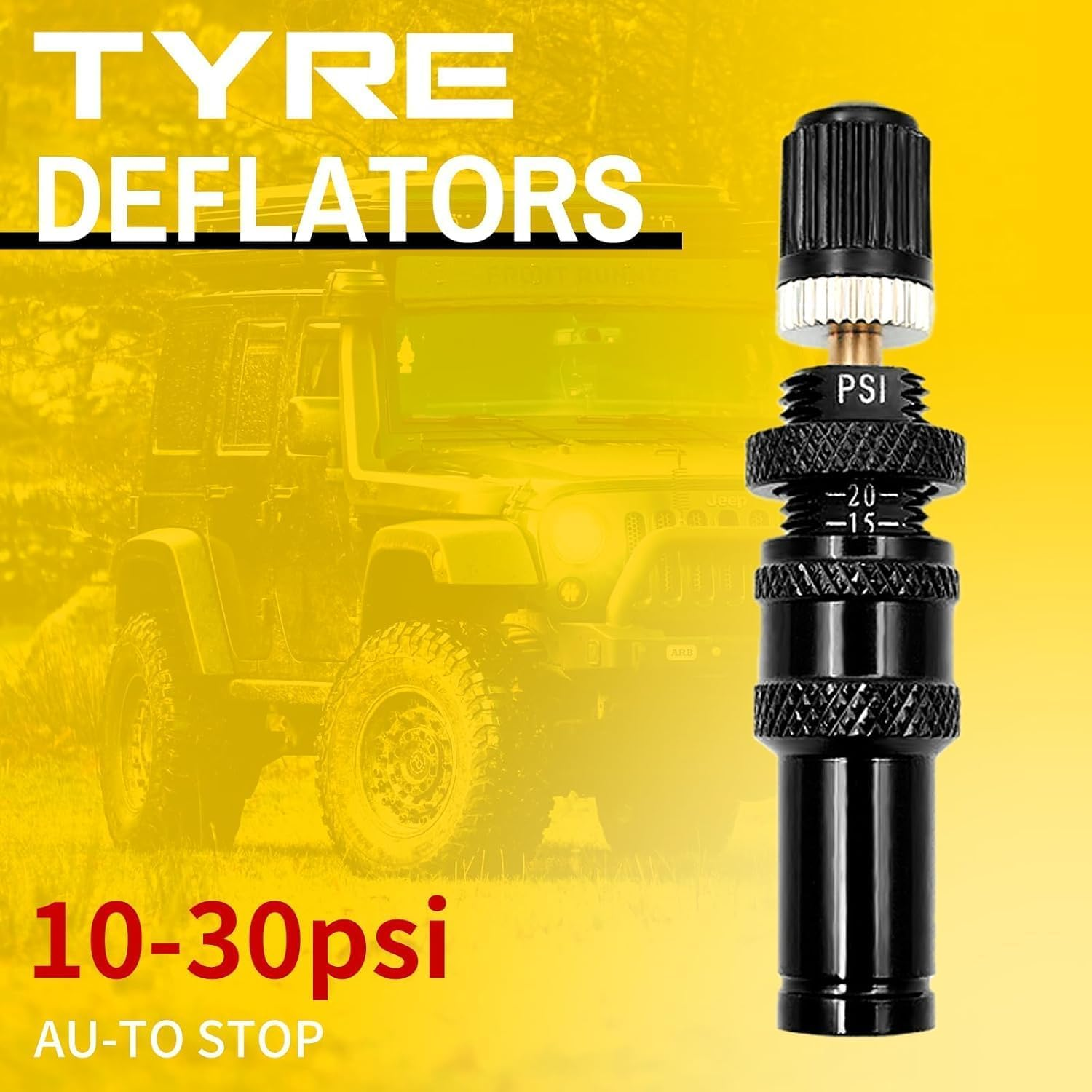 Dsocool 4 Pcs Automatic Tire Deflators Kit, 10-30 PSI / 0.7BAR-2.1BAR Adjustable Tire Deflator with 4 Valve Caps, Auto-Stop Tire Air Deflator Valve for Cars Trucks Motorcycles Offroad Vehicle Atvs Tir image number 1