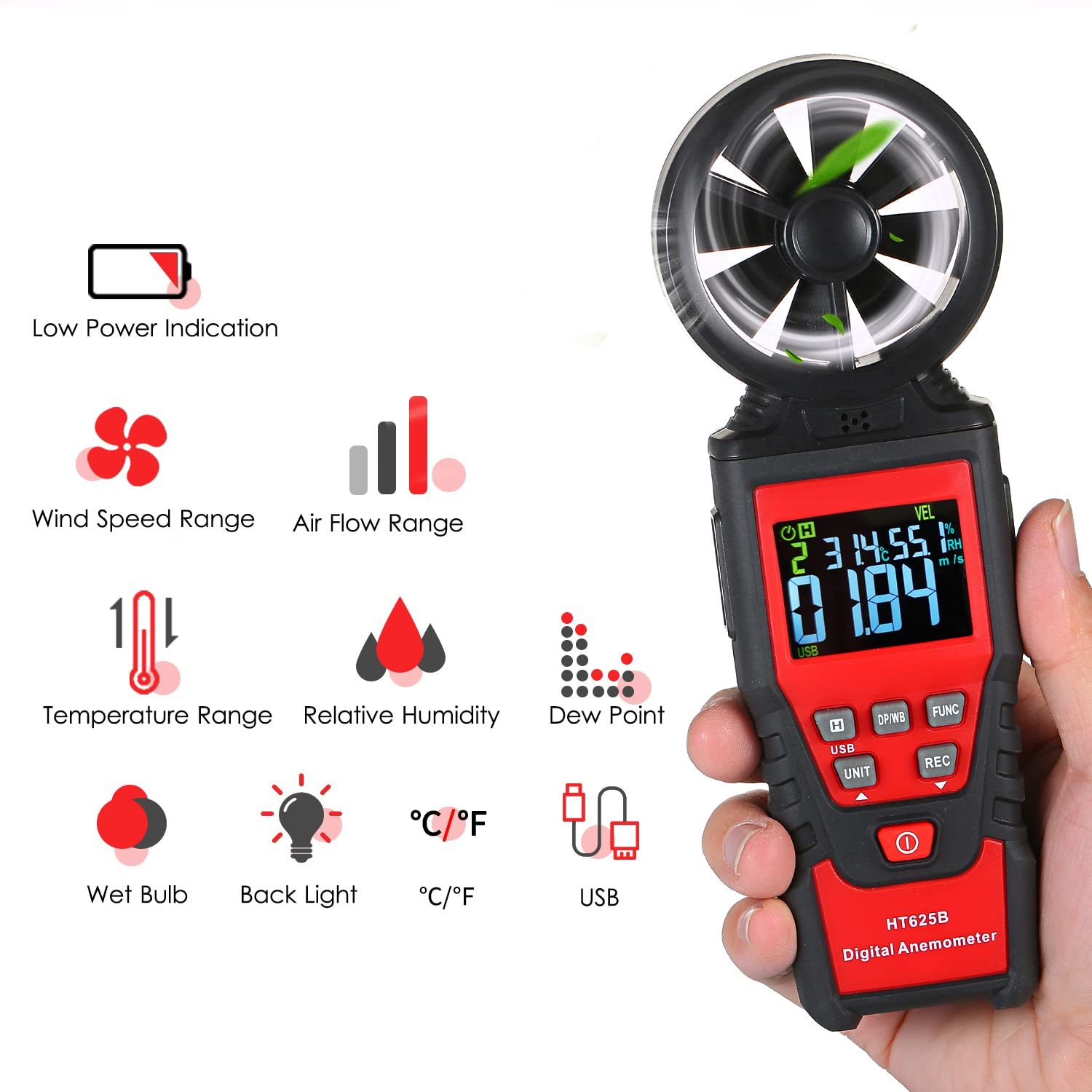 Handheld Anemometer Digital Wind Speed Meter with USB, LCD Color Display Measures Wind Speed Humidity Temperature, Air Flow Volume, Dew Point Temperature for HVAC Vents, Boat Sailing, Shooting HT625B image number 6