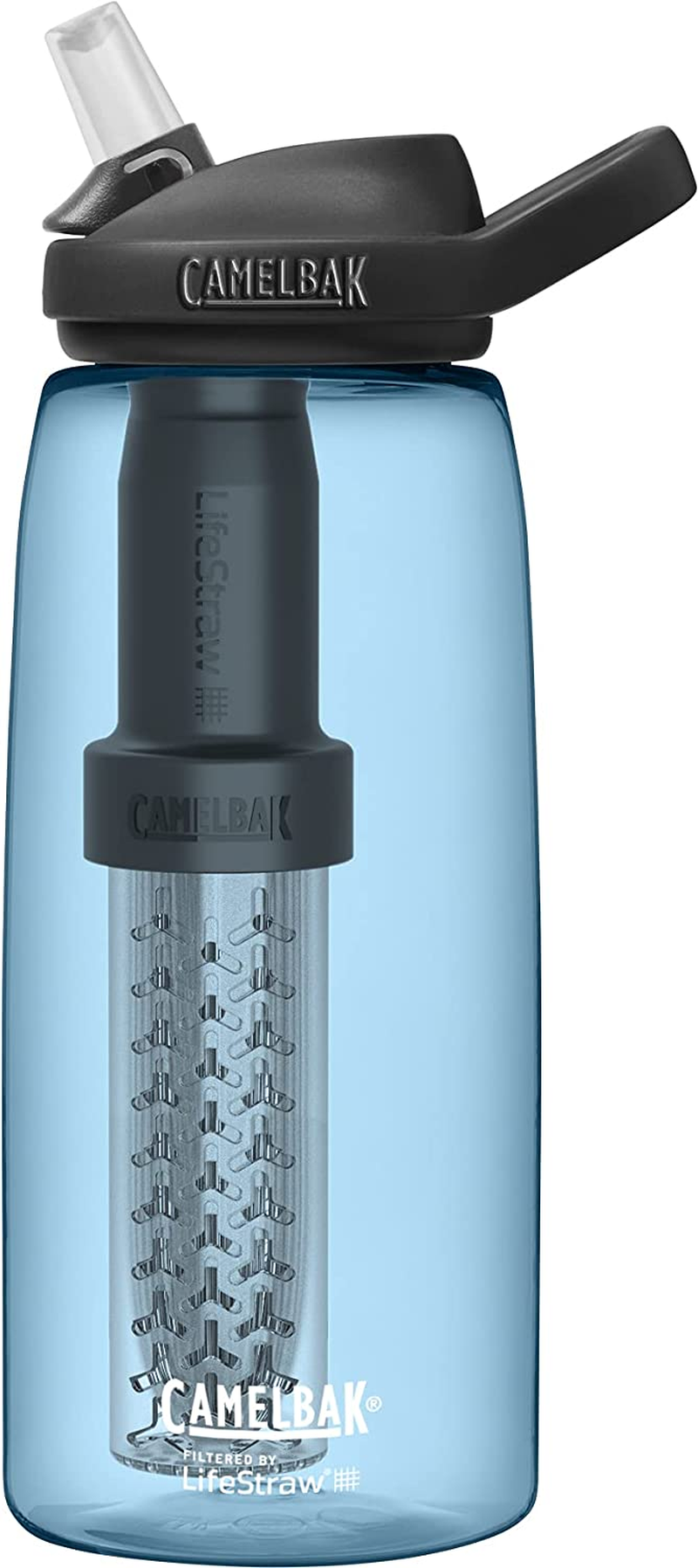 Camelbak Eddy+ Water Filter Water Bottle by Lifestraw Integrated 2-Stage Filter Straw - for Hiking, Backpacking, Travel, and Emergency Preparedness - 1L Tritan Renew, Charcoal