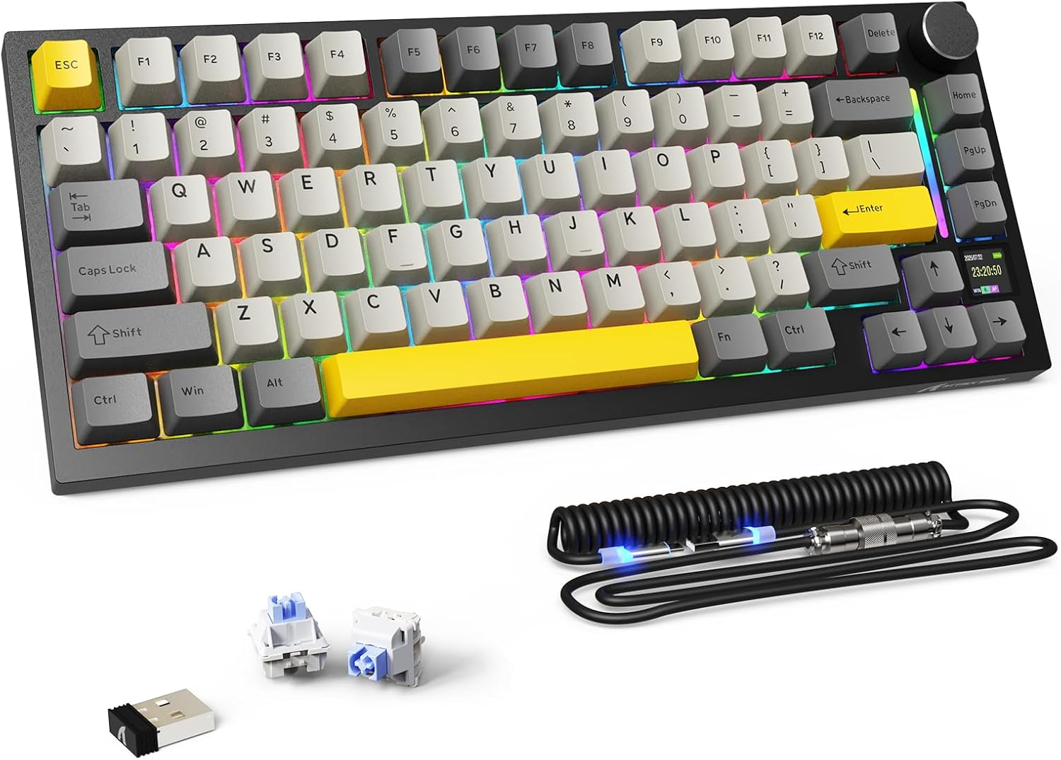 Attack Shark X820 Ultra Wireless Mechanical Keyboard with TFT Smart Display&Knob,75% Bluetooth/2.4Ghz/Usb-C Wired Gaming Keyboard,Gasket-Mounted Linear Switch with Coiled Cable,For Win/Mac-Gray