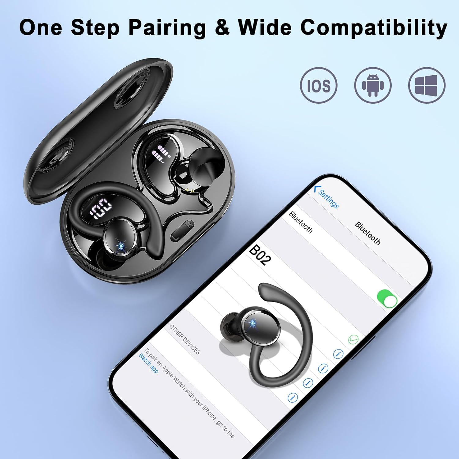 Wireless Sports Headphones, Bluetooth 5.4 Hifi Stereo Headphones with 4 HD Mic 50H Wireless Bluetooth Headphones Noise Cancelling ENC IP7 Waterproof Running LED Display image number 4