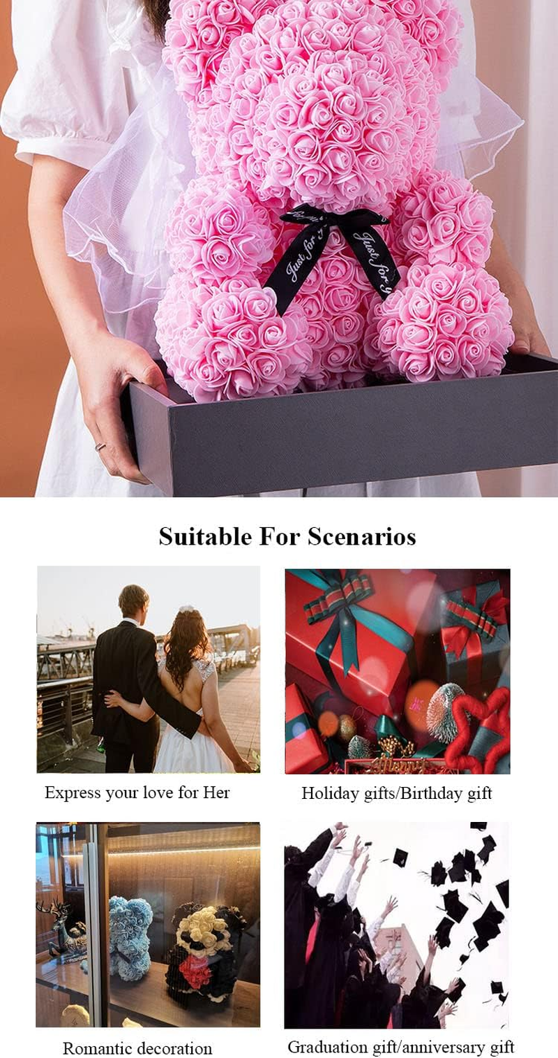 Rose Flower Bear Artificial Flower Hand Made Bear for Valentine'S Day Birthdays Romantic Weddings Christmas Rose Gifts (25Cm White)