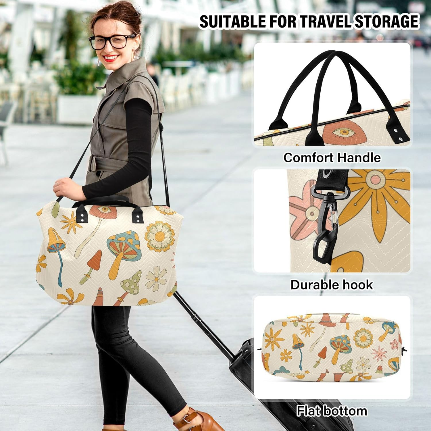 Oversized Travel Duffel Bag Travel Weekender Gear Bag Retro Woodland Mushrooms Flowers Gym Tote Bag with Adjustable, Retro Woodland Mushrooms Flowers, Set of 2, Art Deco image number 1