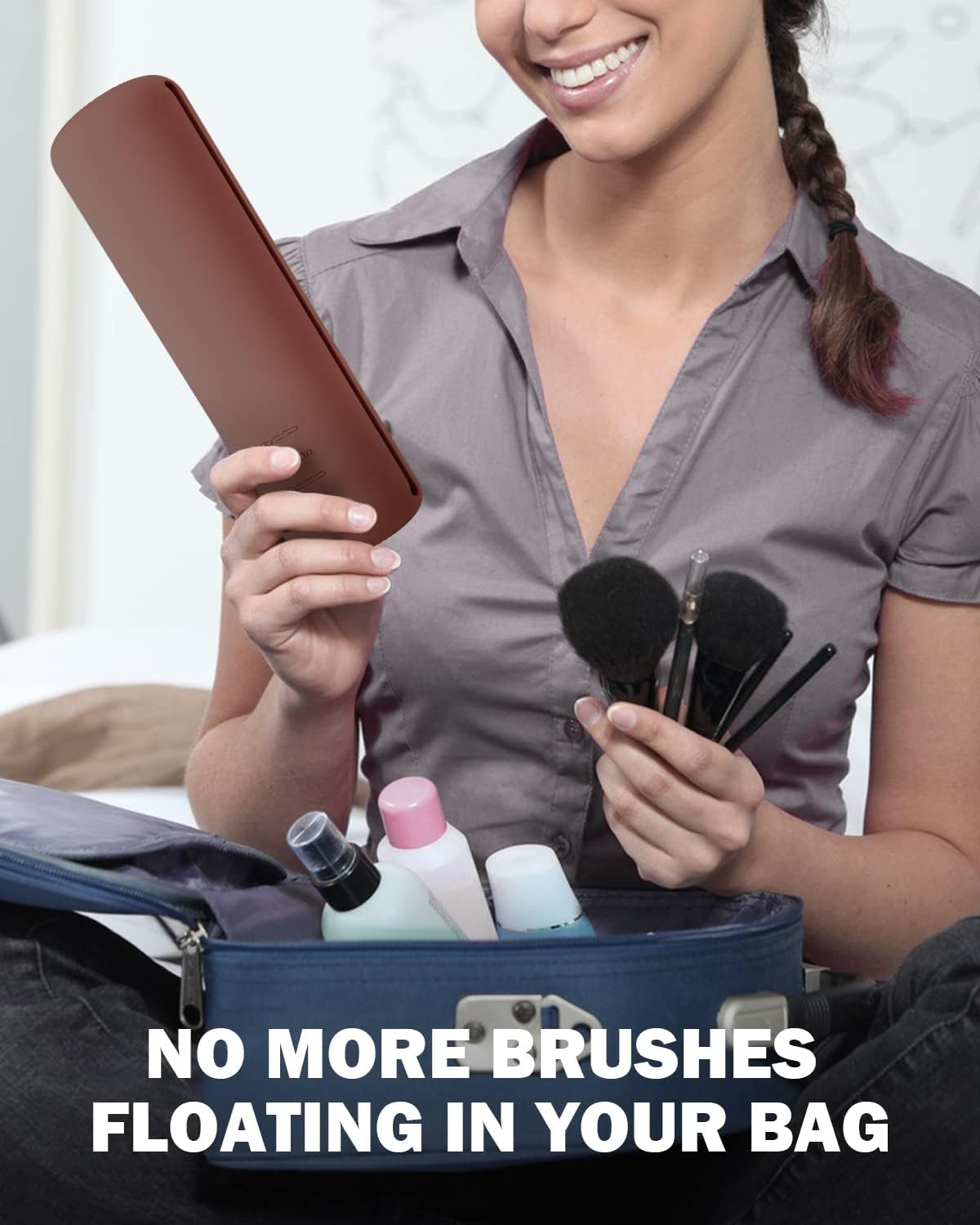 BEZOX Silicone Makeup Brush Holder with Magnet Closure - Trendy Rubber Make up Brushes Case &ndash; Portable Cosmetic Brush Pouch for Travel - Brown image number 4