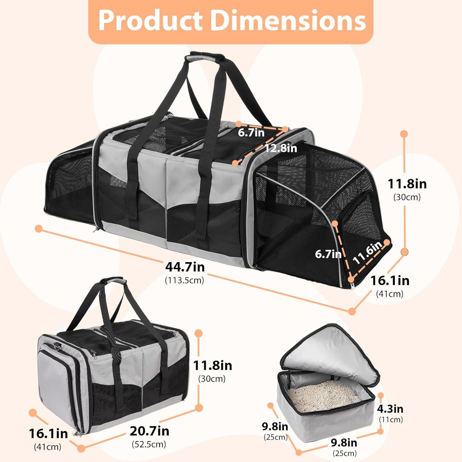Cat Travel Carrier with Litter Box, Expandable Cat Carrier for 2 Cats for Traveling, Soft Sided Pet Carrier for Cats and Dogs up to 30Lbs, Grey image number 6