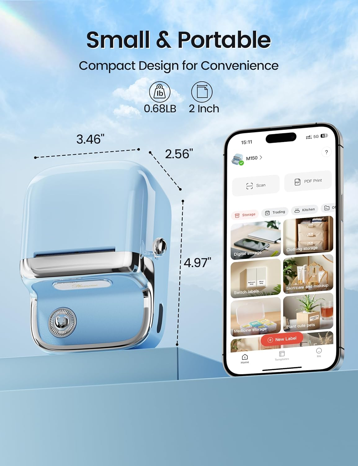 Phomemo M150 Label Maker Machine, 2025 Upgraded Bluetooth Sticker Printer, 2" Thermal Label Priner for Home Use & Small Business, Compatible with Ios & Android Phone, with 1 Pack 40X30Mm Thermal Label image number 4