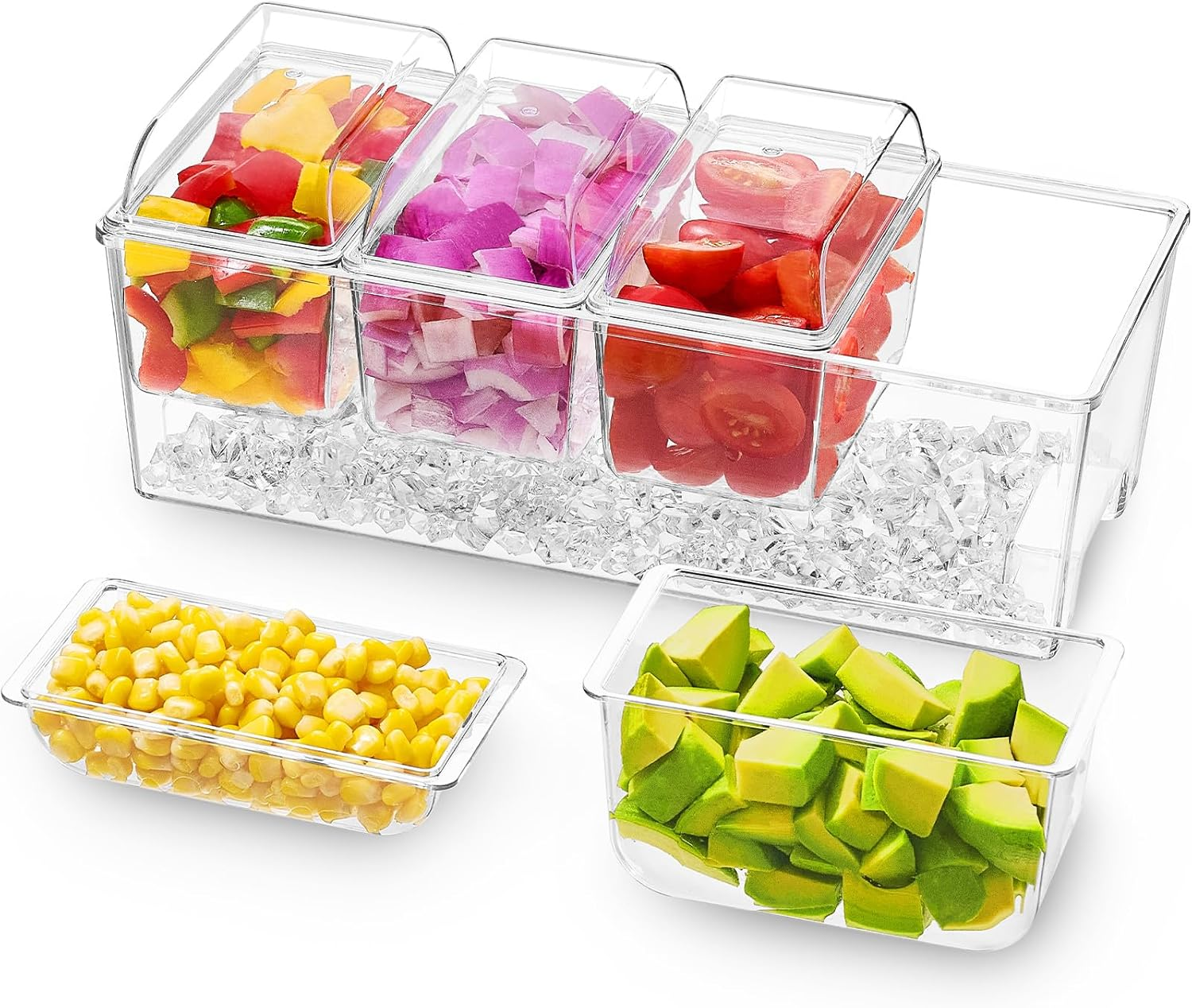 Lifewit Ice Chilled Condiment Caddy with 4 Containers(2.5 Cup), Condiment Server with Separate Lids, Serving Tray Platter with Removable Dishes for Bar Accessories, Fruit, Salad, Taco, Party Garnish image number 3