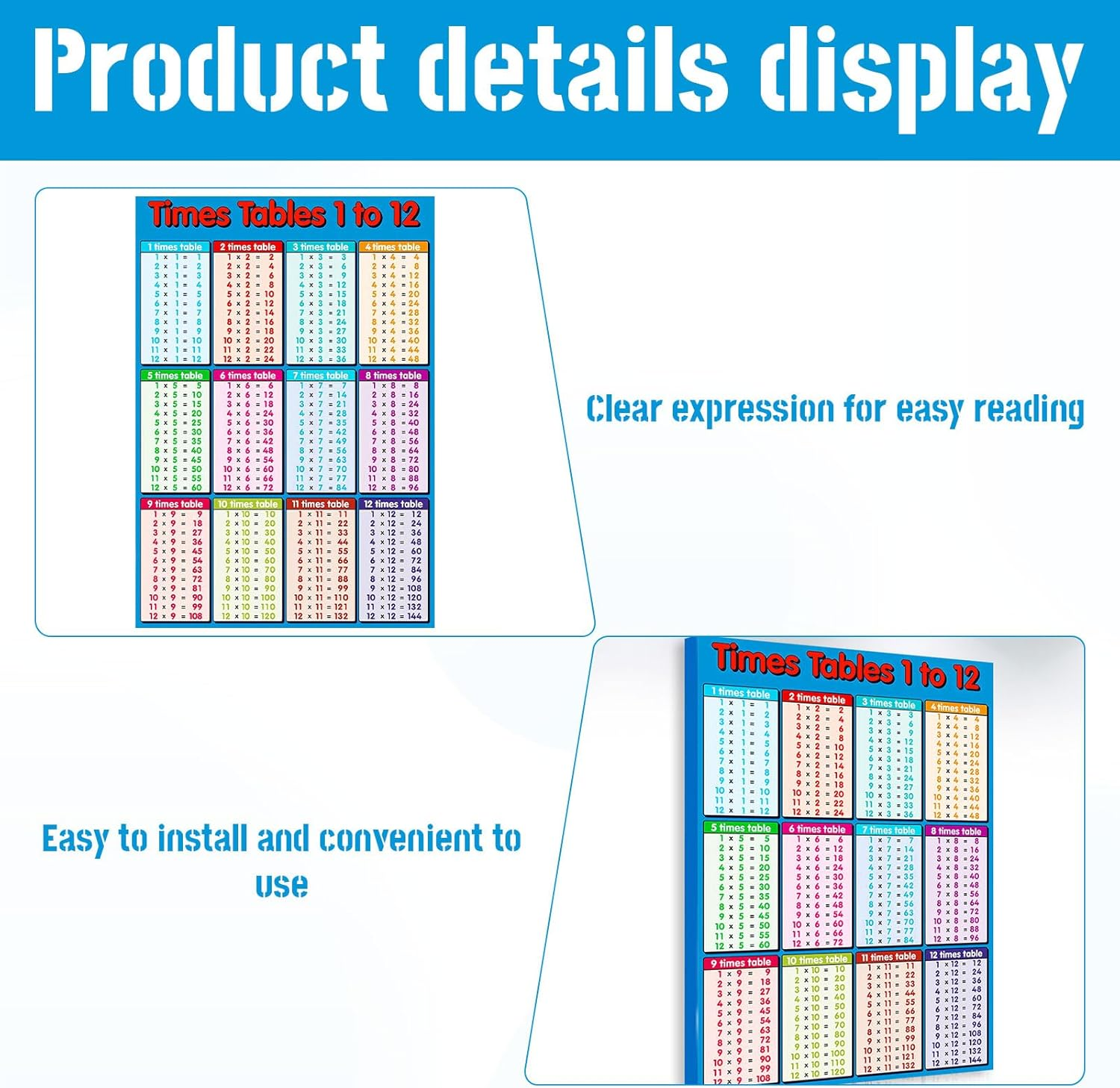 Times Table Poster, Educational Posters, Child Room Poster, Multicolour Educational Times Tables Maths Posters Wall Chart, 1-12 Multiplication Table for Kids Room, Classroom(53 * 35Cm) image number 2