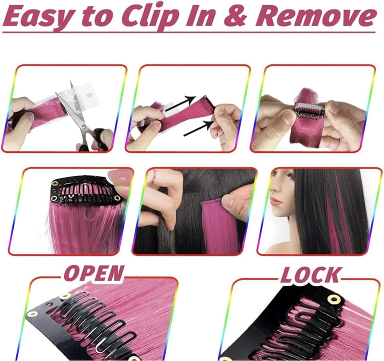 10 PCS Pink Hair Extensions, Clip-In Synthetic Hair Pieces for Women and Girls, Party Highlights, Costume Play Accessories, Straight Long Hair Extensions image number 4